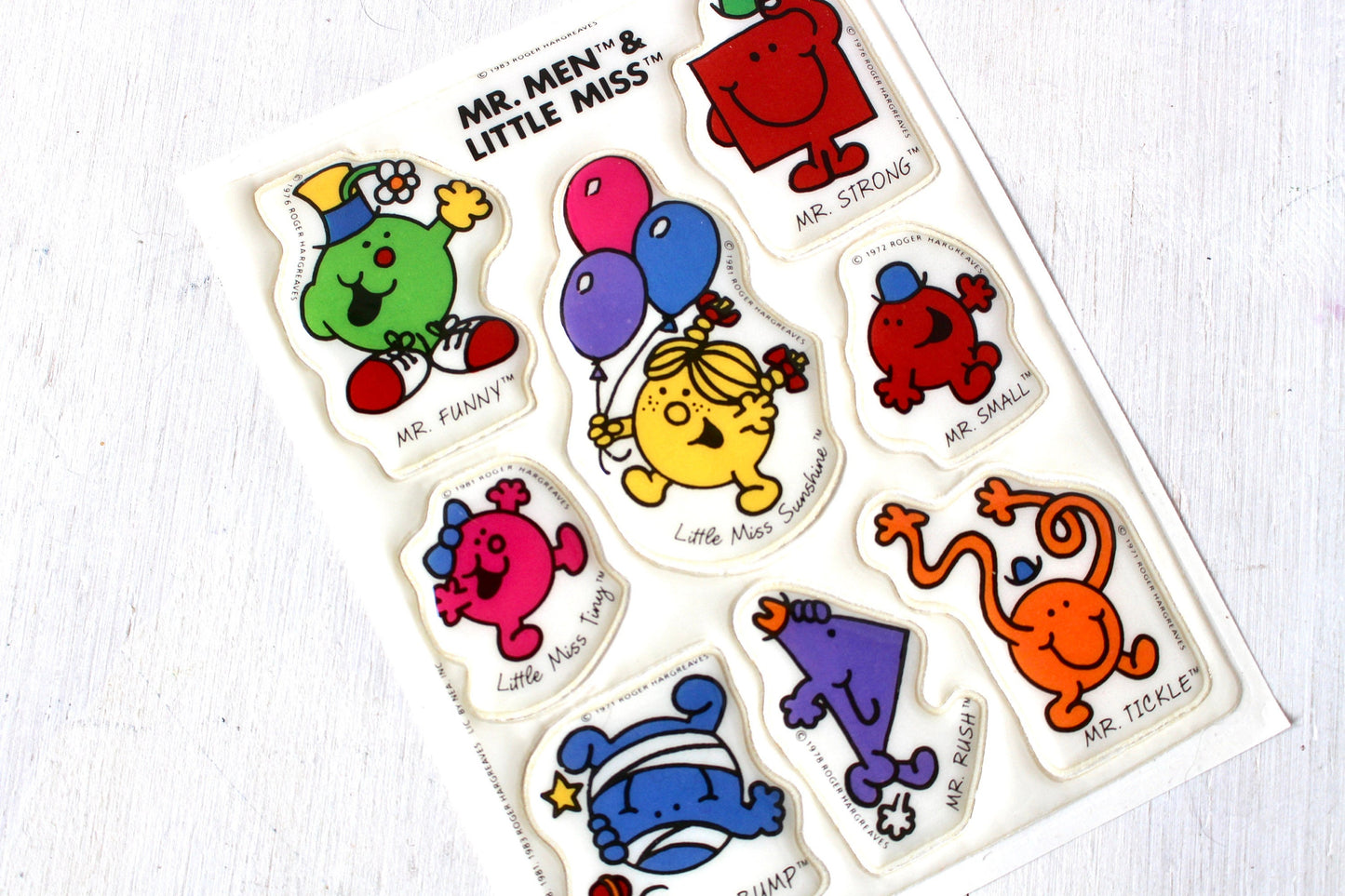 Vintage Mr Men and Little Miss Puffy Stickers, 80s Retro Planner Stickers, Rainbow Scrapbook and Junk Journal Supplies