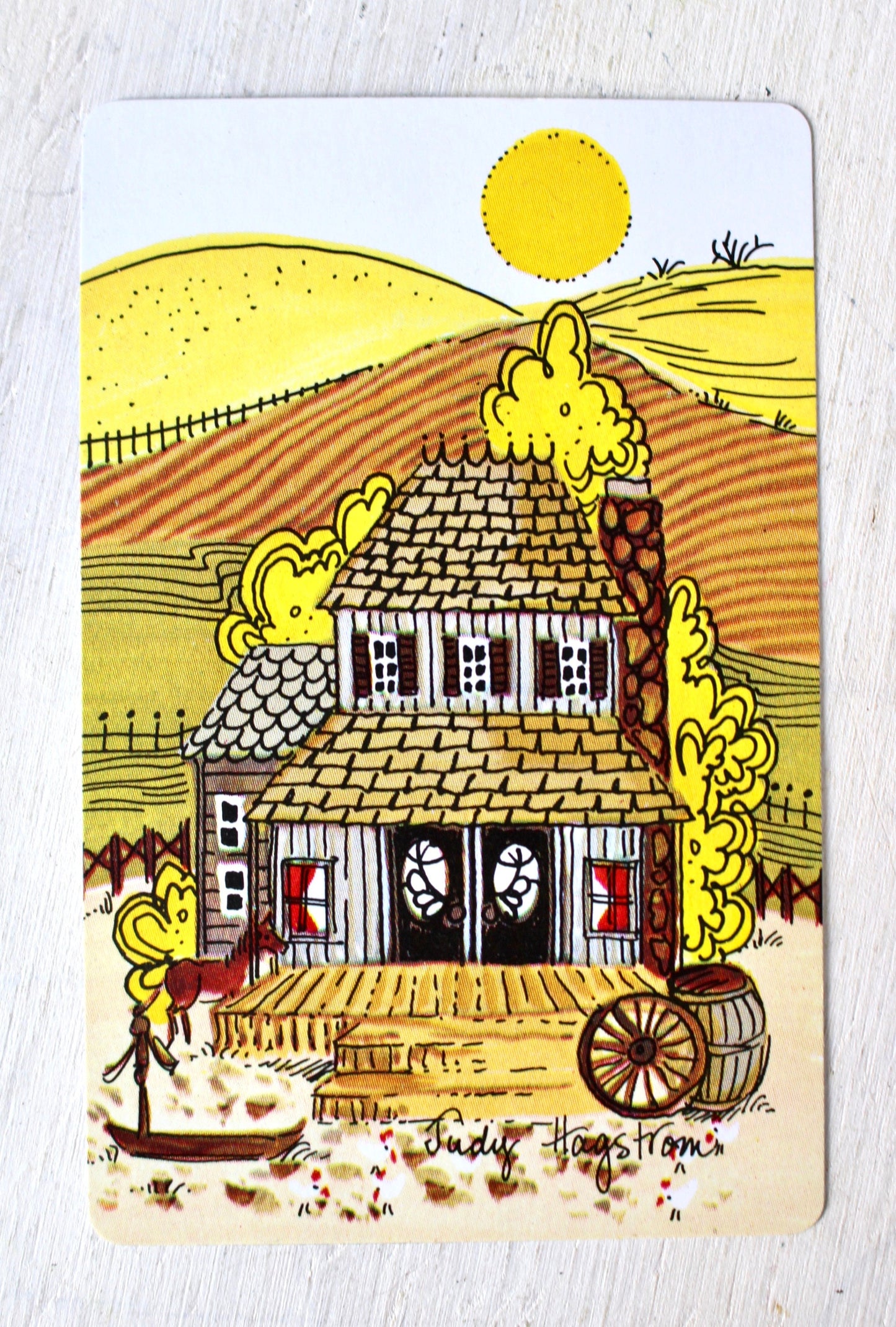 Autumn Country House Playing Cards, Yellow Fall Landscape Card Set of 5, Vintage 70s Scrapbook Junk Journal Craft Supplies