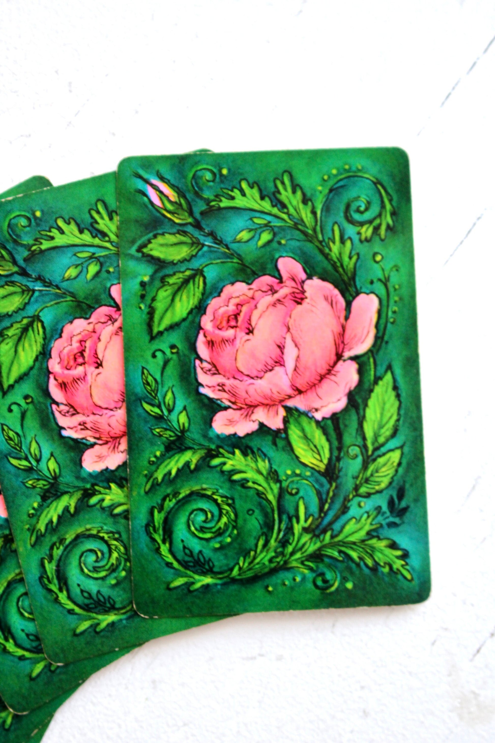 Garden Rose Floral Playing Cards, Set of 5, Pink Green Rose Floral Game Card, Flower Junk Journal Ephemera, Retro Crafts Supplies