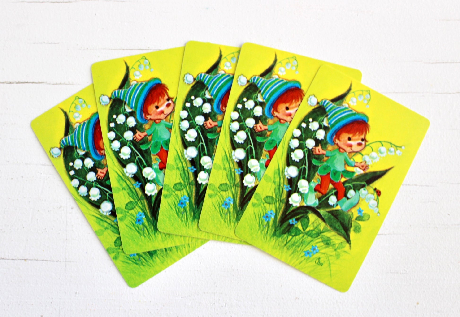 Spring Elf Playing Cards, Green Lily of the Valley Card Set of 5, Fairy Scrapbook Junk Journal Craft Supplies