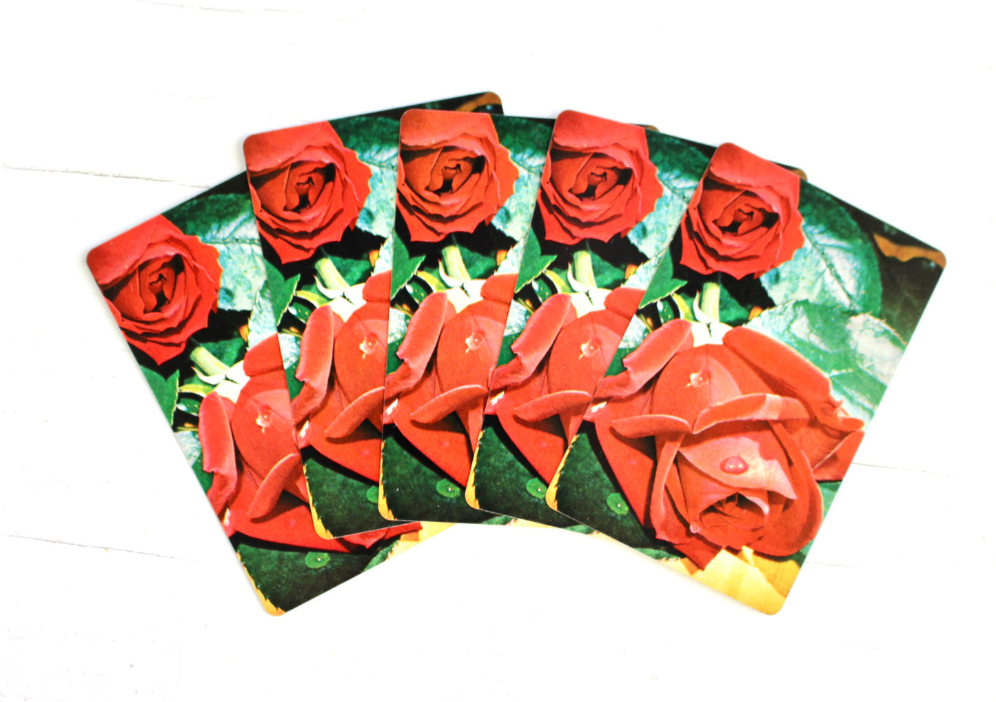 Red Rose Floral Playing Card, Set of 5, Vintage Rose Card, Red Green Floral Card, Flower Junk Journal Ephemera, Retro Craft Supplies