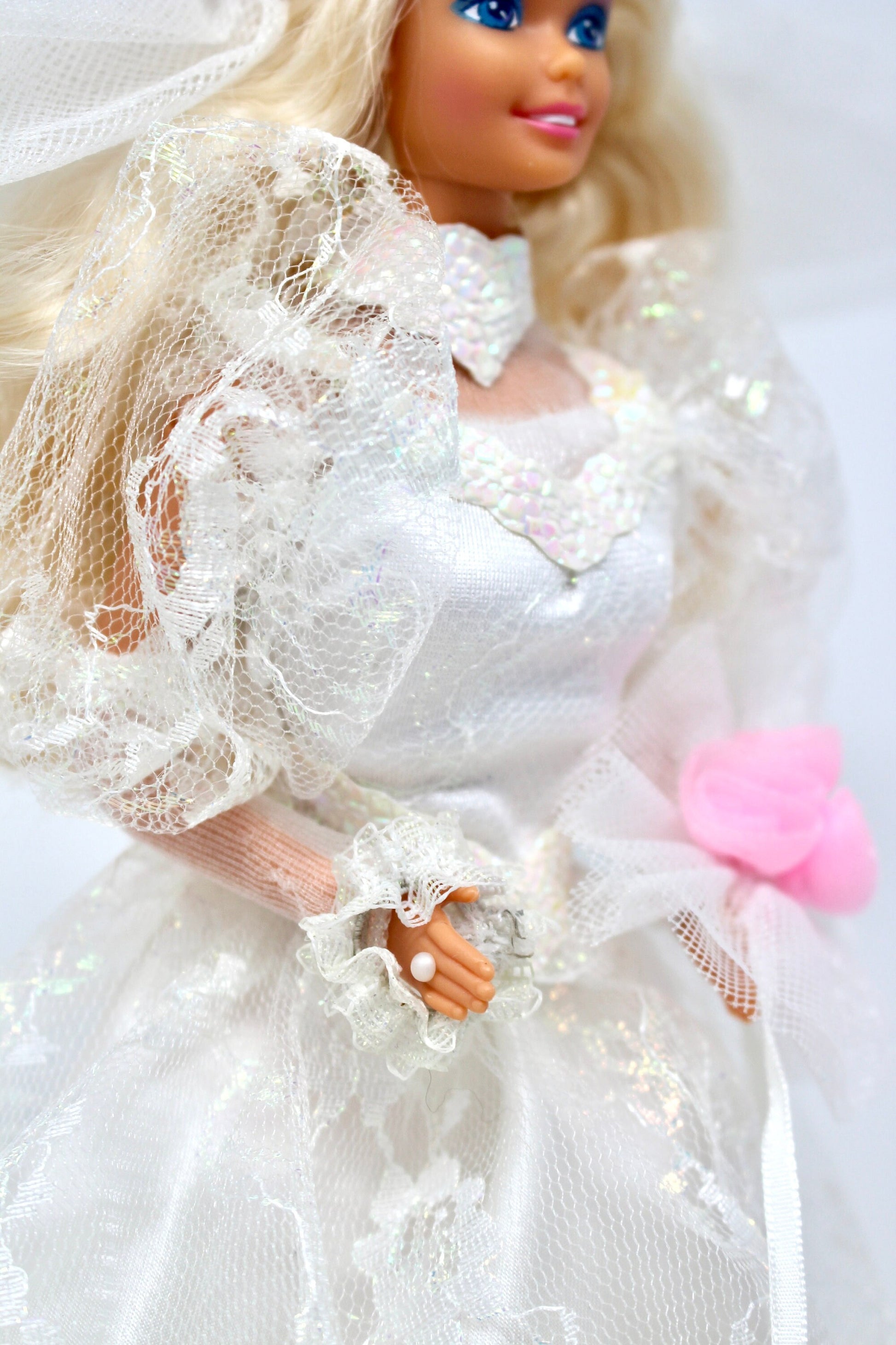 Vintage 80s Wedding Fantasy Barbie Doll with White Gown Bouquet and Accessories