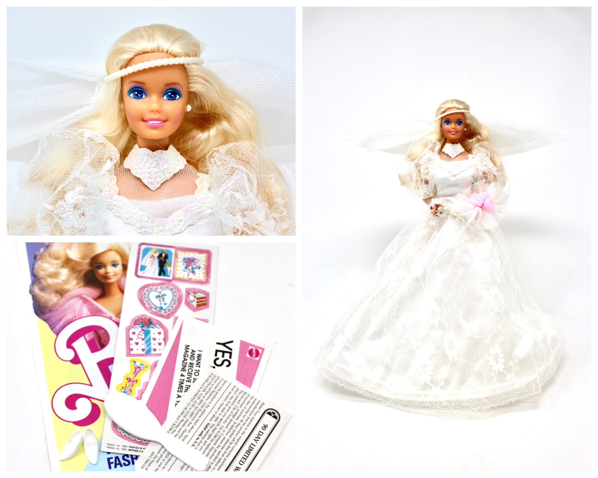 Vintage 80s Wedding Fantasy Barbie Doll with White Gown Bouquet and Accessories