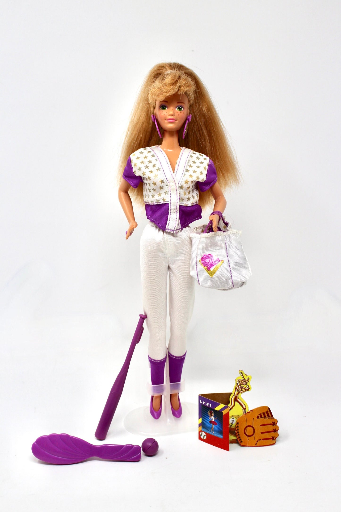 All Stars Midge Doll in Original Outfit with Accessories, Vintage 80s Redhead Softball Sports Purple Midge Barbie Doll