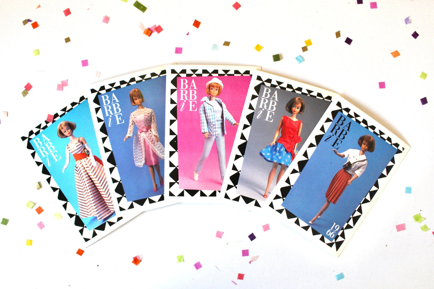 Brunette American Girl Barbie Doll Fashion Trading Card Set of 5, Vintage 60s Mod Barbie Fashion Cards