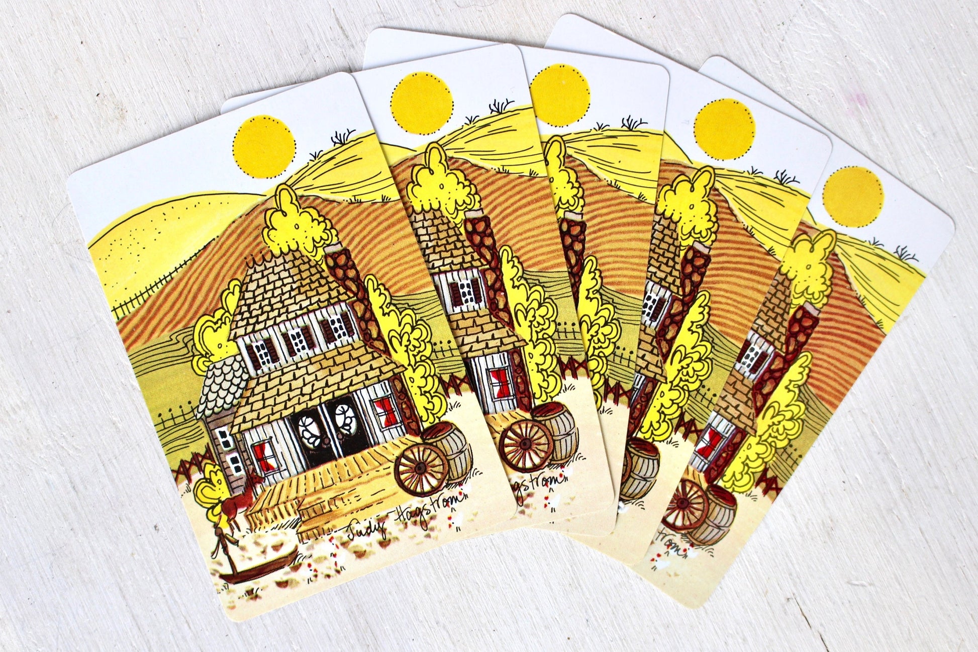 Autumn Country House Playing Cards, Yellow Fall Landscape Card Set of 5, Vintage 70s Scrapbook Junk Journal Craft Supplies