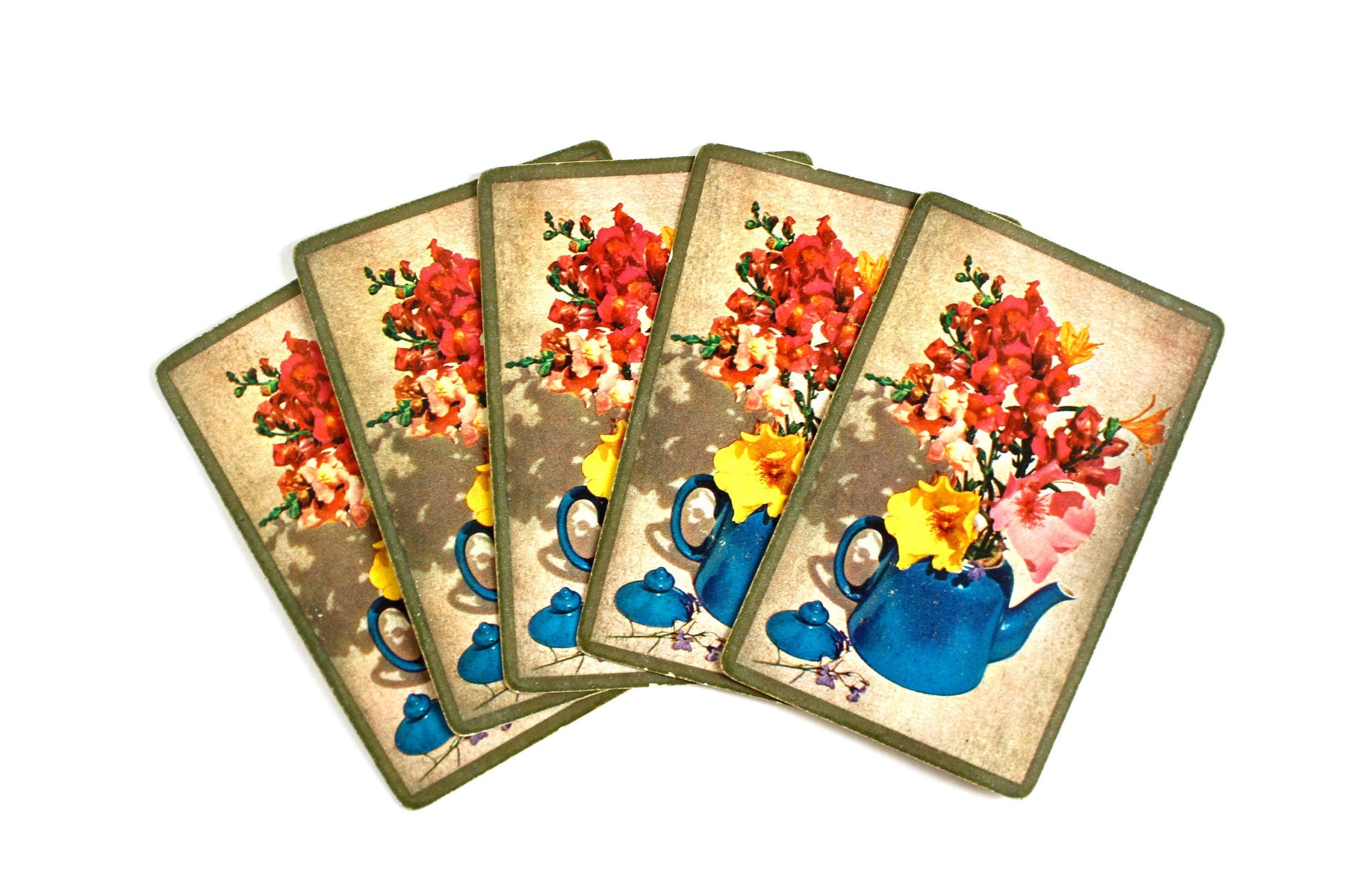 Flower Tea Pot Playing Cards, Set of 5, Vintage Flower Cards, Junk Journal Ephemera, Spring Summer Journal Cards, Craft Supplies