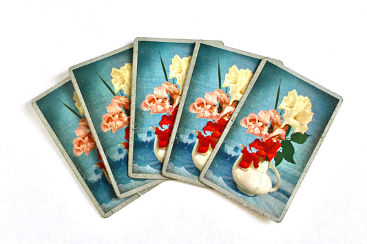 Flower Tea Pot Playing Cards, Set of 5, Vintage Flower Cards, Junk Journal Ephemera, Spring Summer Journal Cards, Craft Supplies