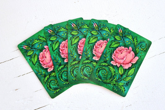 Garden Rose Floral Playing Cards, Set of 5, Pink Green Rose Floral Game Card, Flower Junk Journal Ephemera, Retro Crafts Supplies