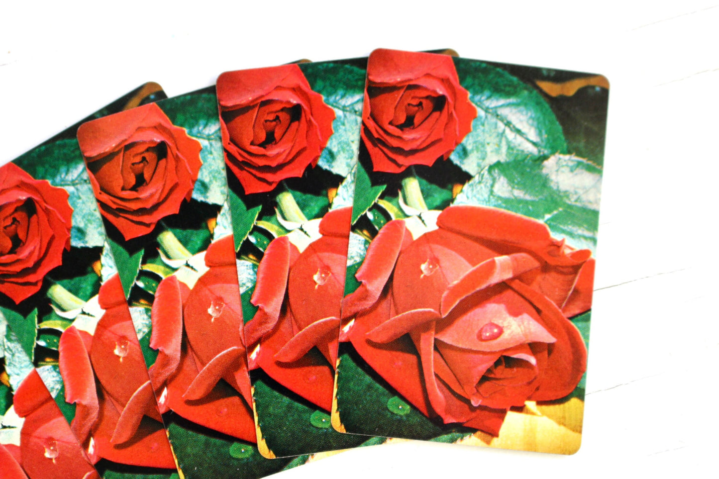 Red Rose Floral Playing Card, Set of 5, Vintage Rose Card, Red Green Floral Card, Flower Junk Journal Ephemera, Retro Craft Supplies