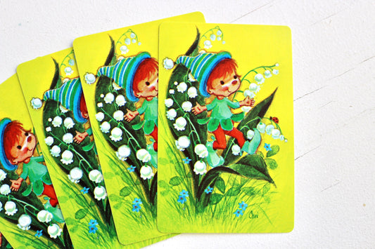 Spring Elf Playing Cards, Green Lily of the Valley Card Set of 5, Fairy Scrapbook Junk Journal Craft Supplies