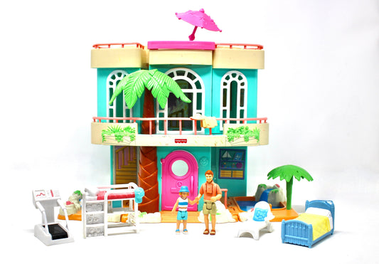 Sweet Streets Beach House, Vintage Fisher Price Loving Family Tropical Vacation Doll House with Accessories, Kids Vacation Beach Toy