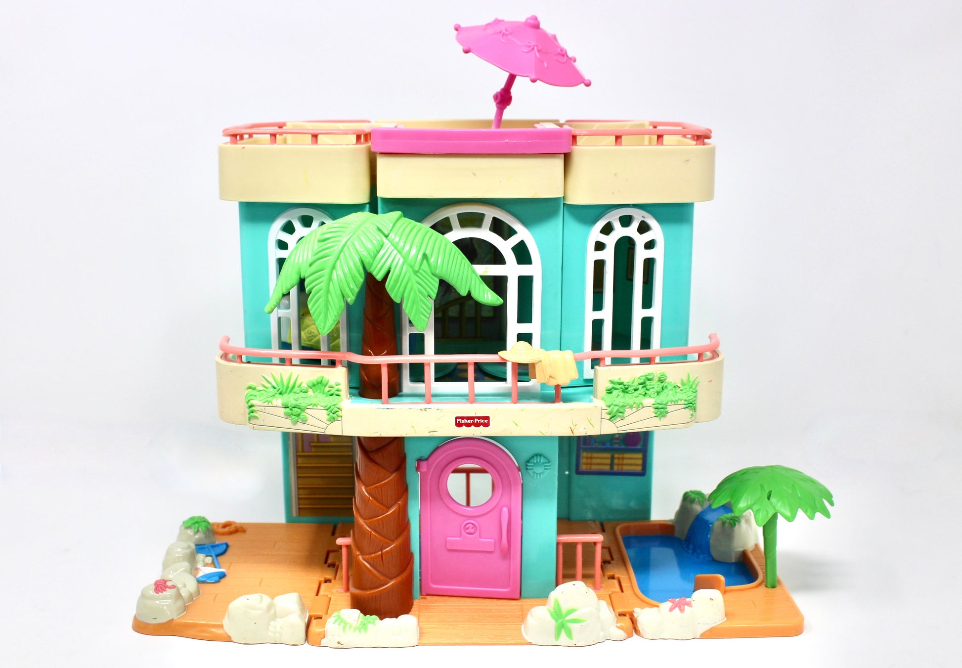 Sweet Streets Beach House, Vintage Fisher Price Loving Family Tropical Vacation Doll House with Accessories, Kids Vacation Beach Toy