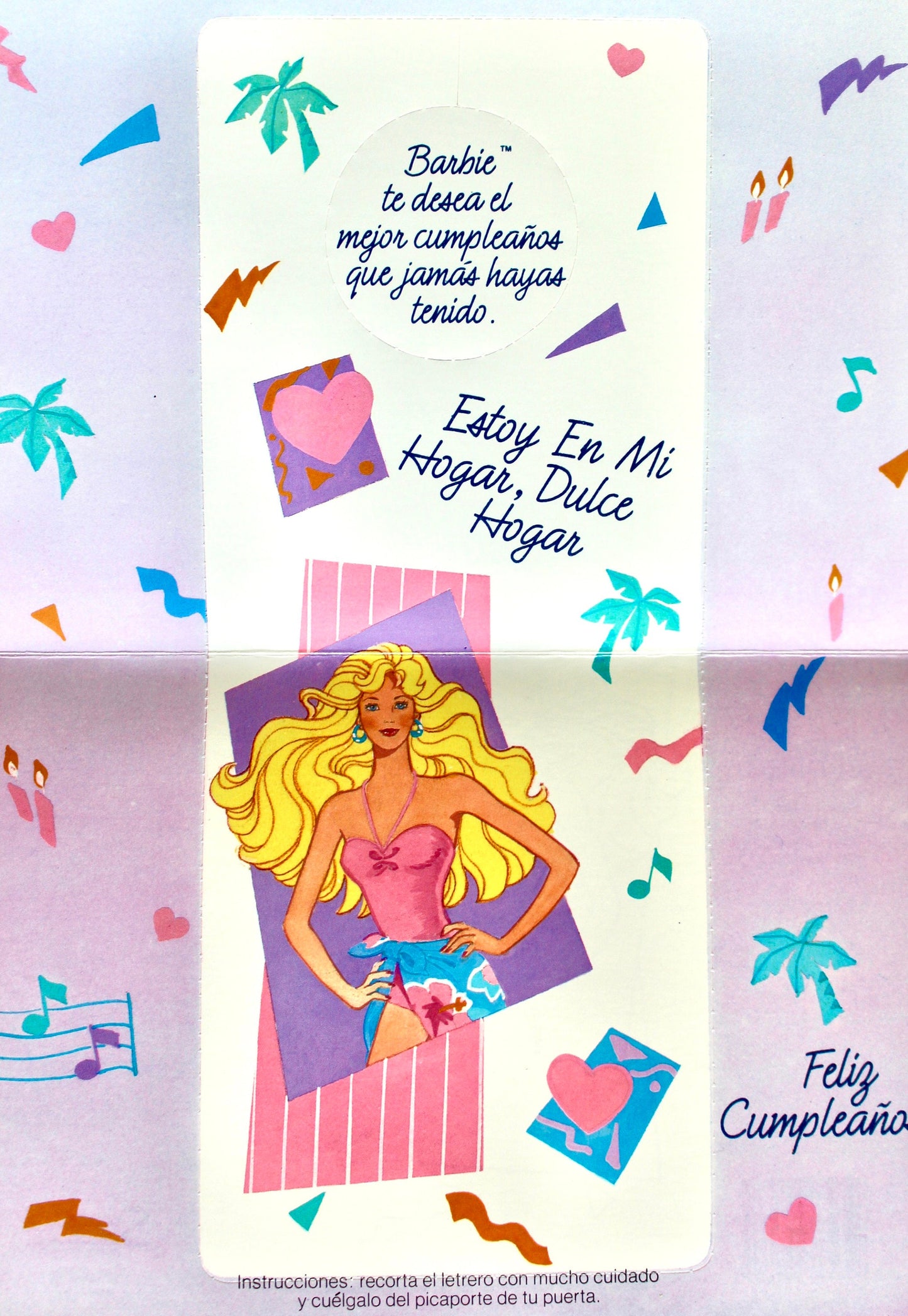 Island Fun Barbie Doll Birthday Card with Door Hanger and Envelope, Spanish, Vintage 90s Barbie Greeting Card Invitation