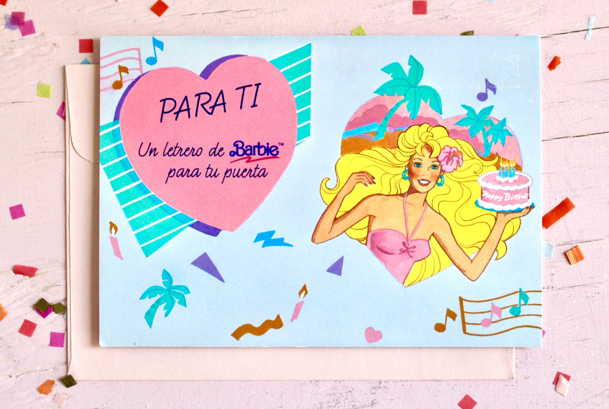 Island Fun Barbie Doll Birthday Card with Door Hanger and Envelope, Spanish, Vintage 90s Barbie Greeting Card Invitation