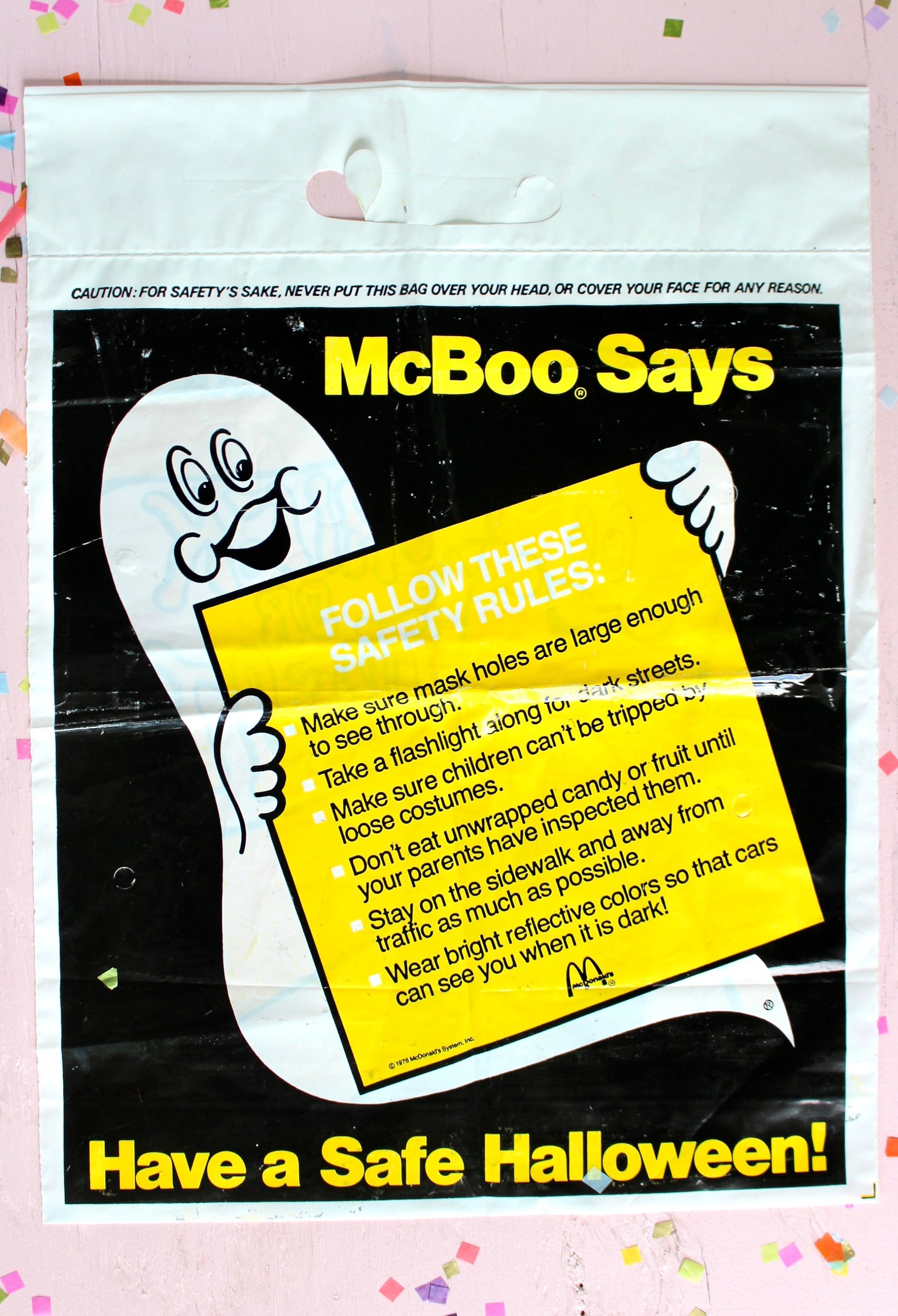 McDonalds Halloween Trick or Treat Safety Bag, Yellow Ghost McDonalds Plastic Candy Sack, Vintage 70s 80s Halloween McDonalds Collectible