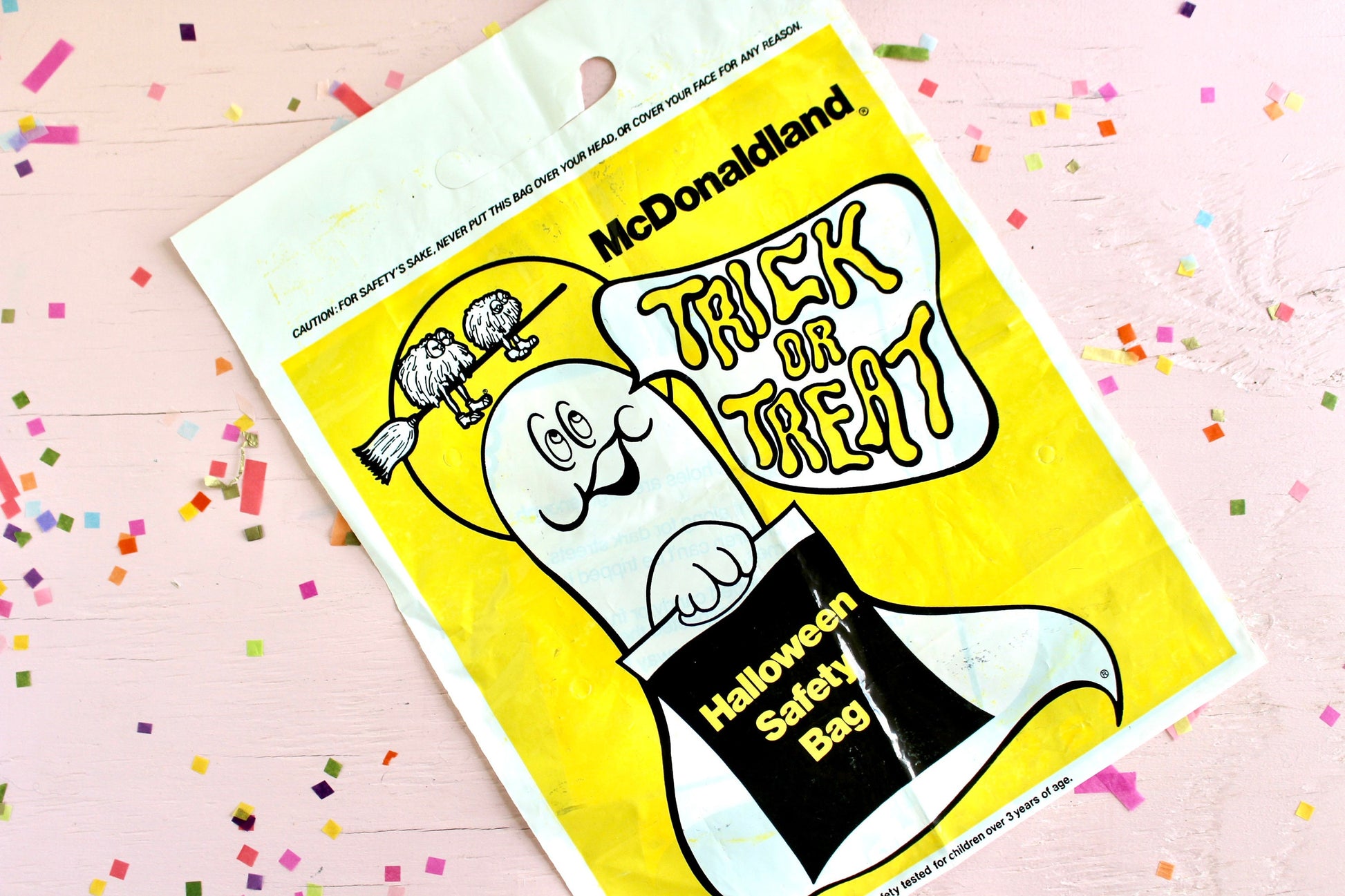 McDonalds Halloween Trick or Treat Safety Bag, Yellow Ghost McDonalds Plastic Candy Sack, Vintage 70s 80s Halloween McDonalds Collectible