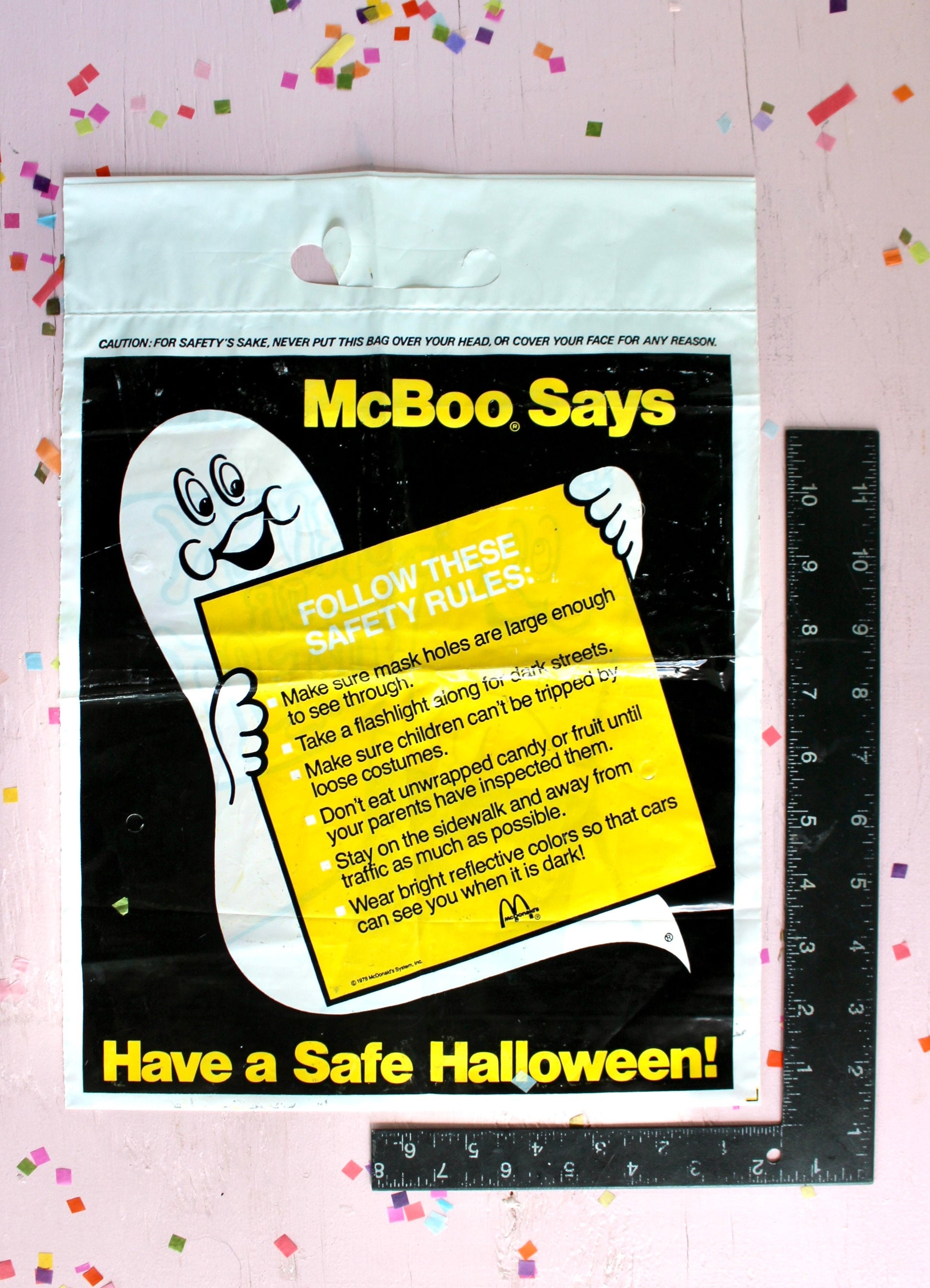 McDonalds Halloween Trick or Treat Safety Bag, Yellow Ghost McDonalds Plastic Candy Sack, Vintage 70s 80s Halloween McDonalds Collectible