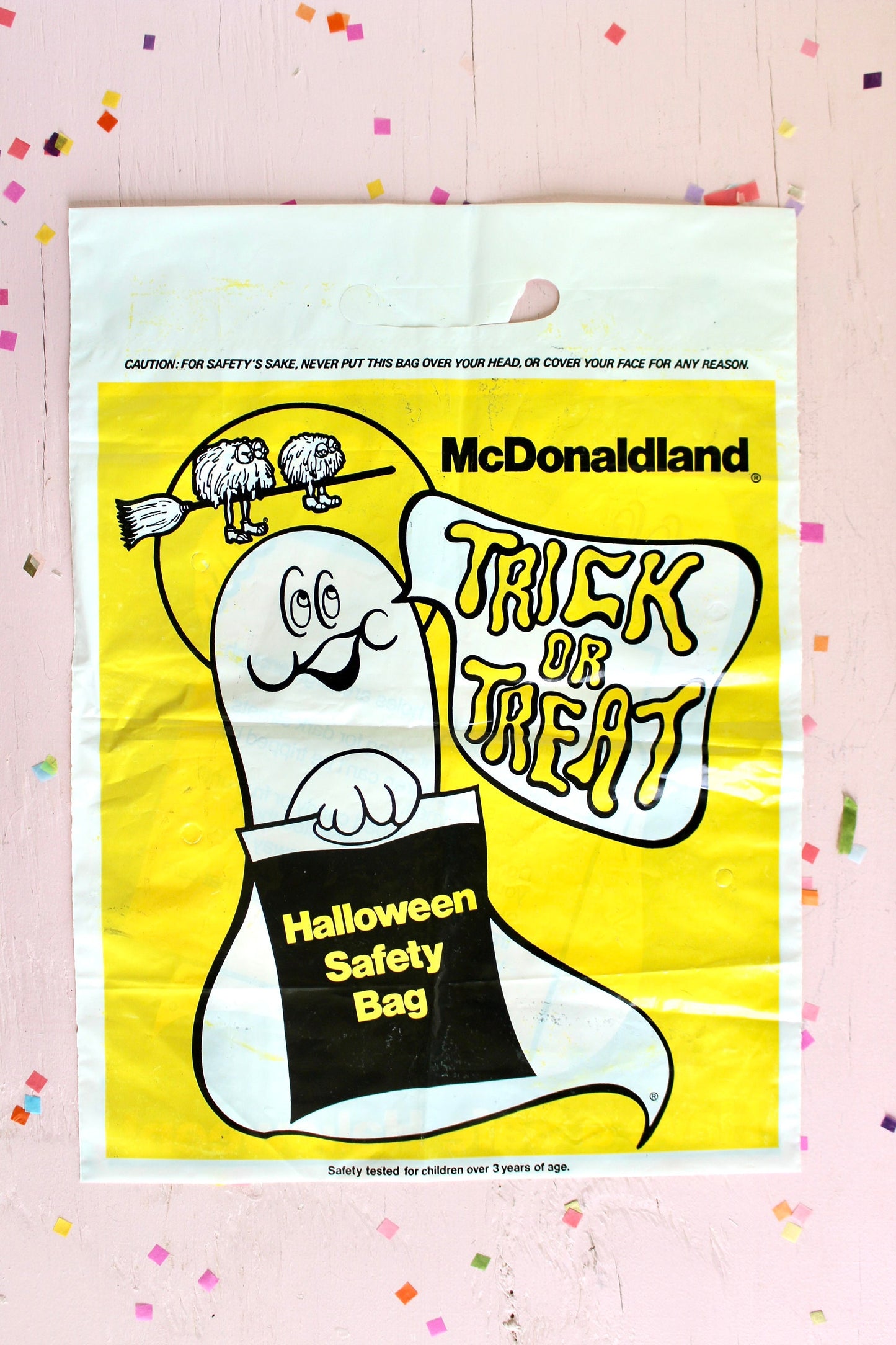 McDonalds Halloween Trick or Treat Safety Bag, Yellow Ghost McDonalds Plastic Candy Sack, Vintage 70s 80s Halloween McDonalds Collectible