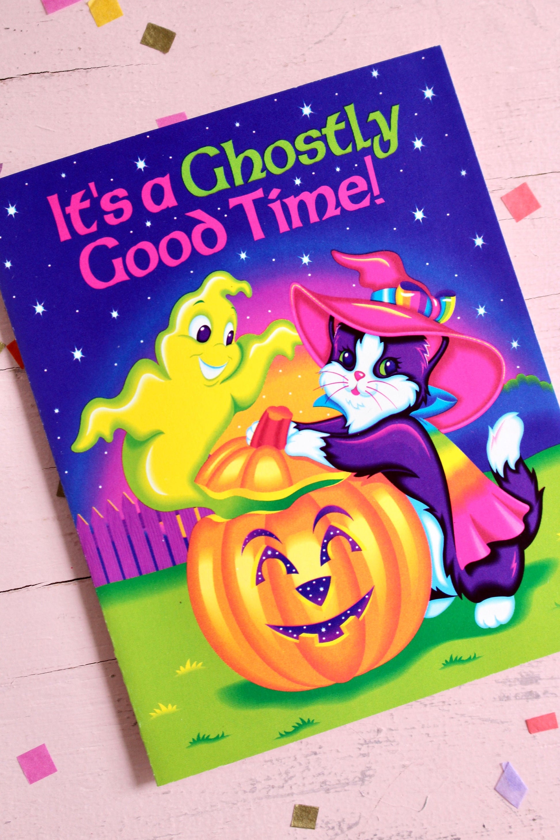 Vintage Lisa Frank Halloween Invite Card, 1990s Dead Stock Lisa Frank, Witchy Cat Ghost Jack O Lantern Invitations, Halloween Greeting Card