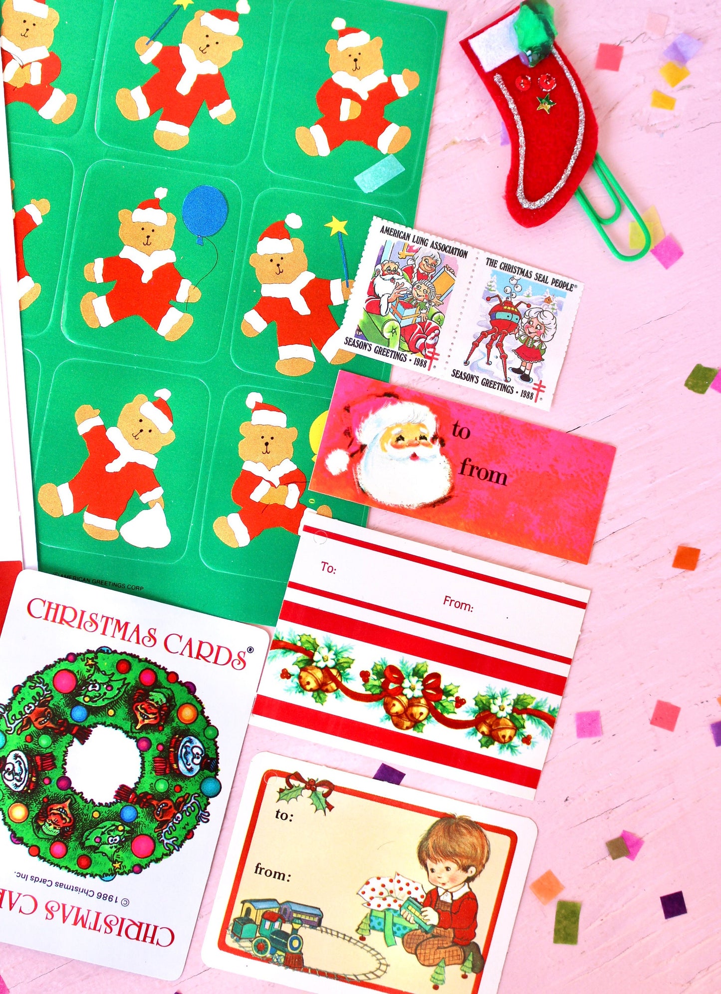 80s Christmas Ephemera Paper Pack, Vintage Santa Holiday Cards Stickers Gift Tags Seals, Christmas Scrapbook Journal Craft Supplies