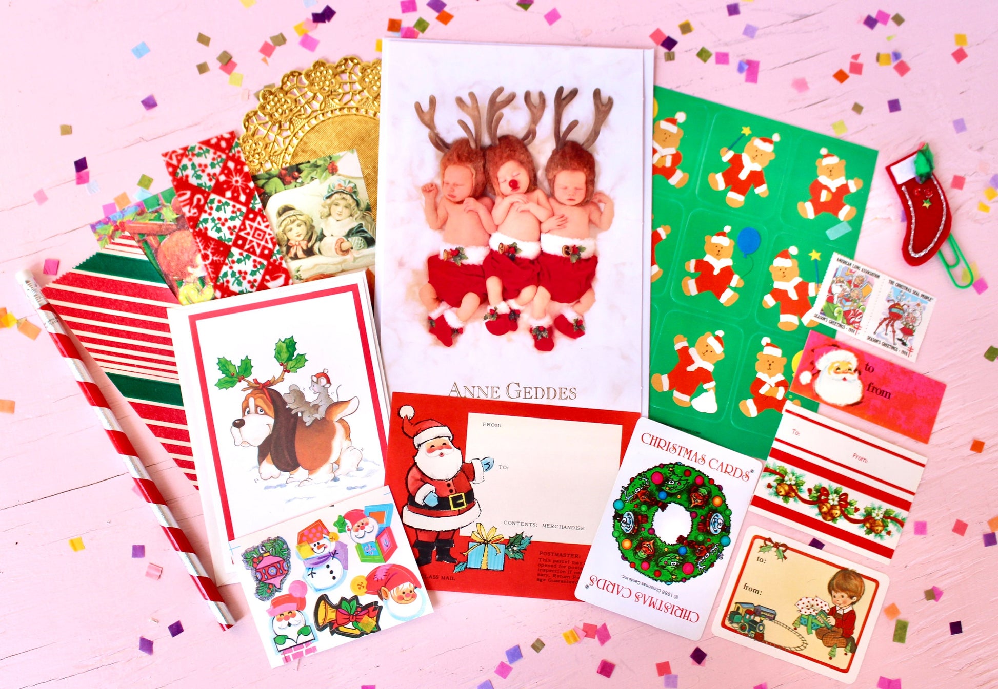 80s Christmas Ephemera Paper Pack, Vintage Santa Holiday Cards Stickers Gift Tags Seals, Christmas Scrapbook Journal Craft Supplies