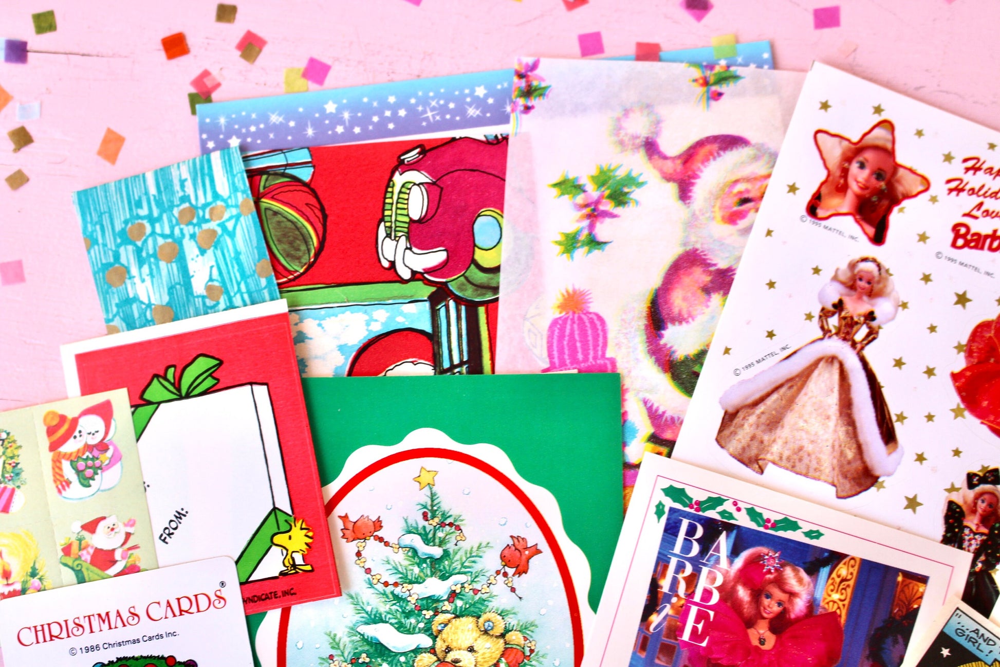 Vintage Christmas Ephemera Pack, Vintage 80s Kids Paper Stickers, Barbie, Care Bears, Hugglesbie, Retro Holiday Cards Gift Tags Seals