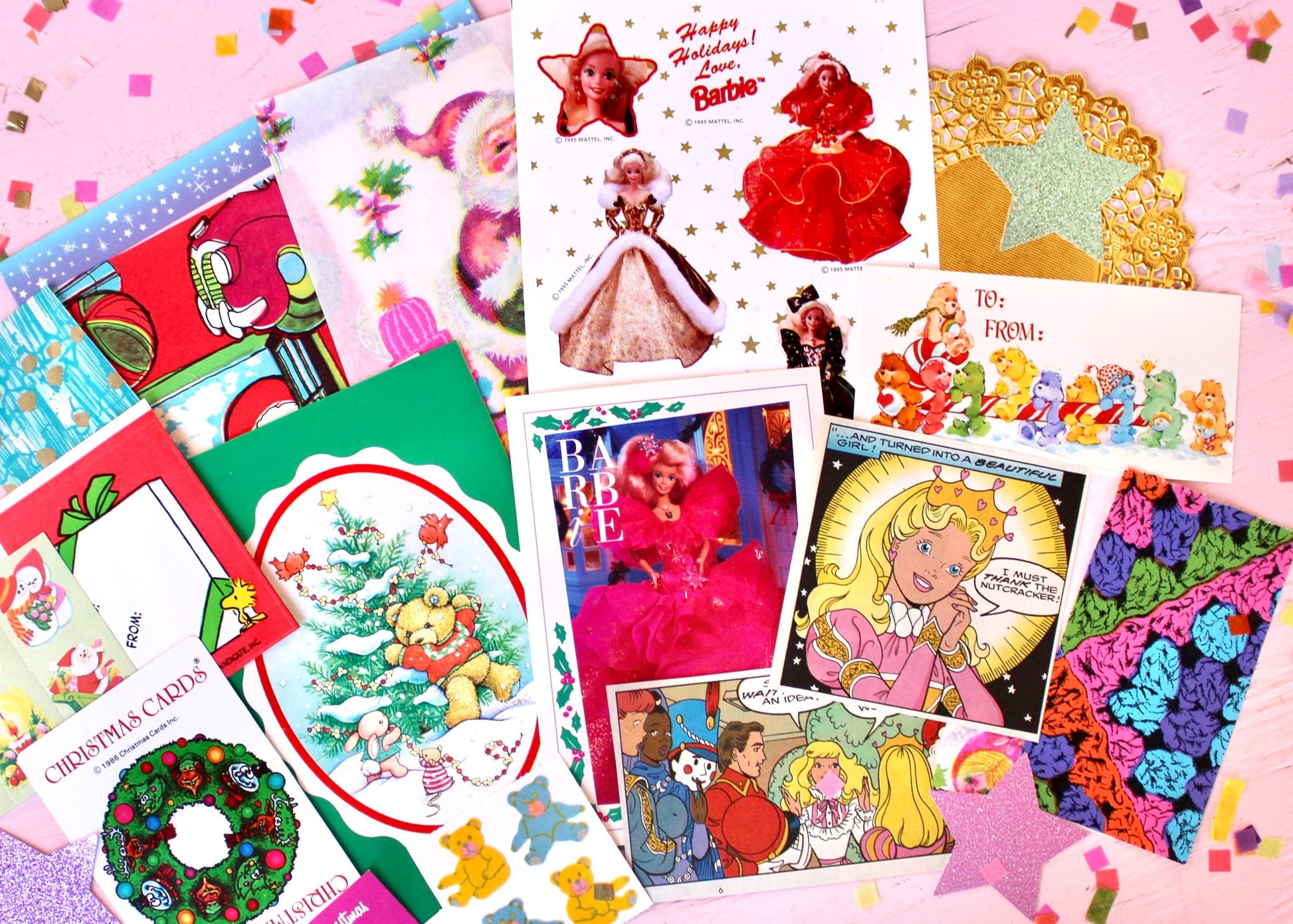 Vintage Christmas Ephemera Pack, Vintage 80s Kids Paper Stickers, Barbie, Care Bears, Hugglesbie, Retro Holiday Cards Gift Tags Seals