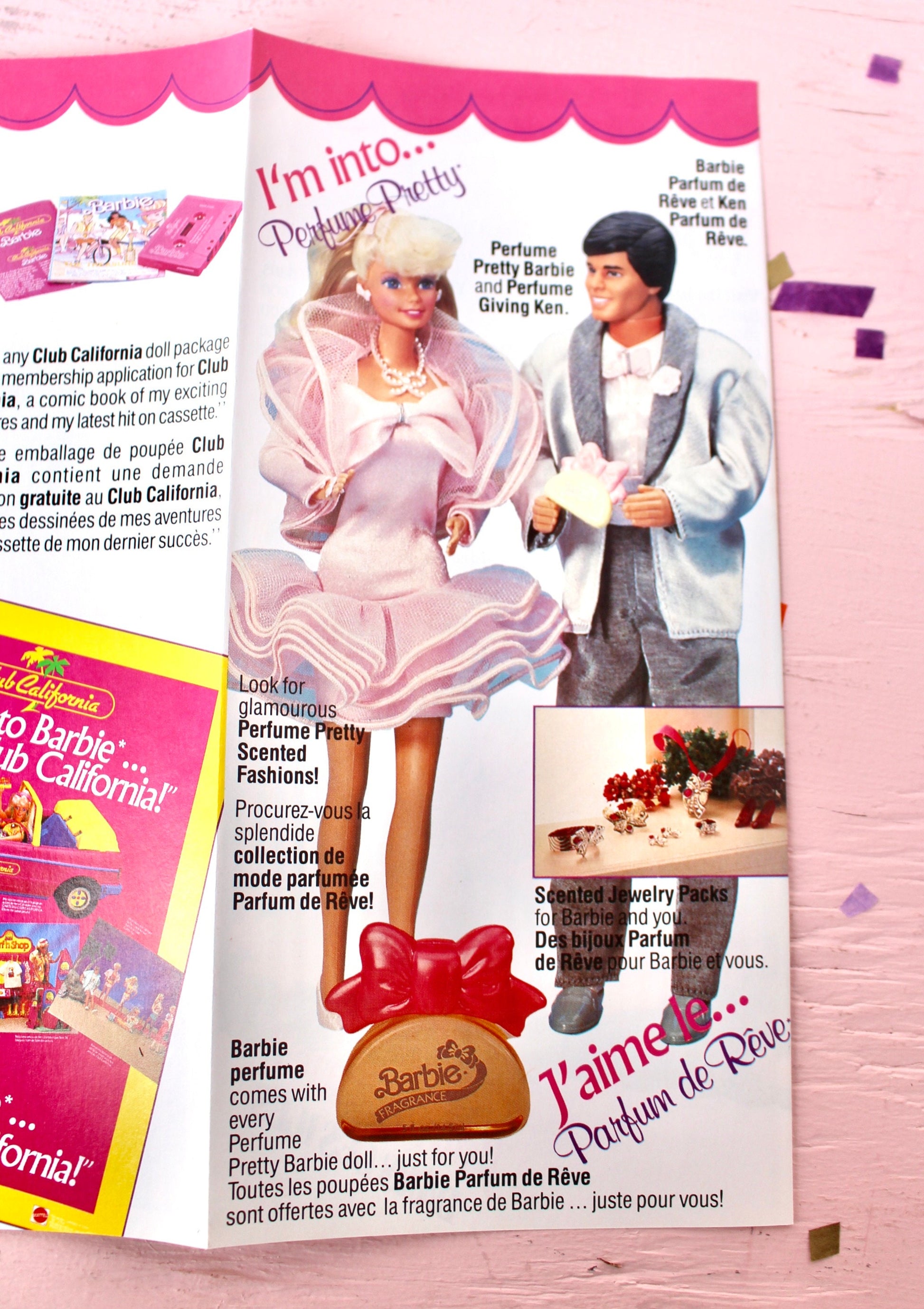 80s Barbie Promotional Ad Pamphlet, Vintage Perfume Pretty California Dream Barbie, Barbie Club Merchandise Magazine Paper