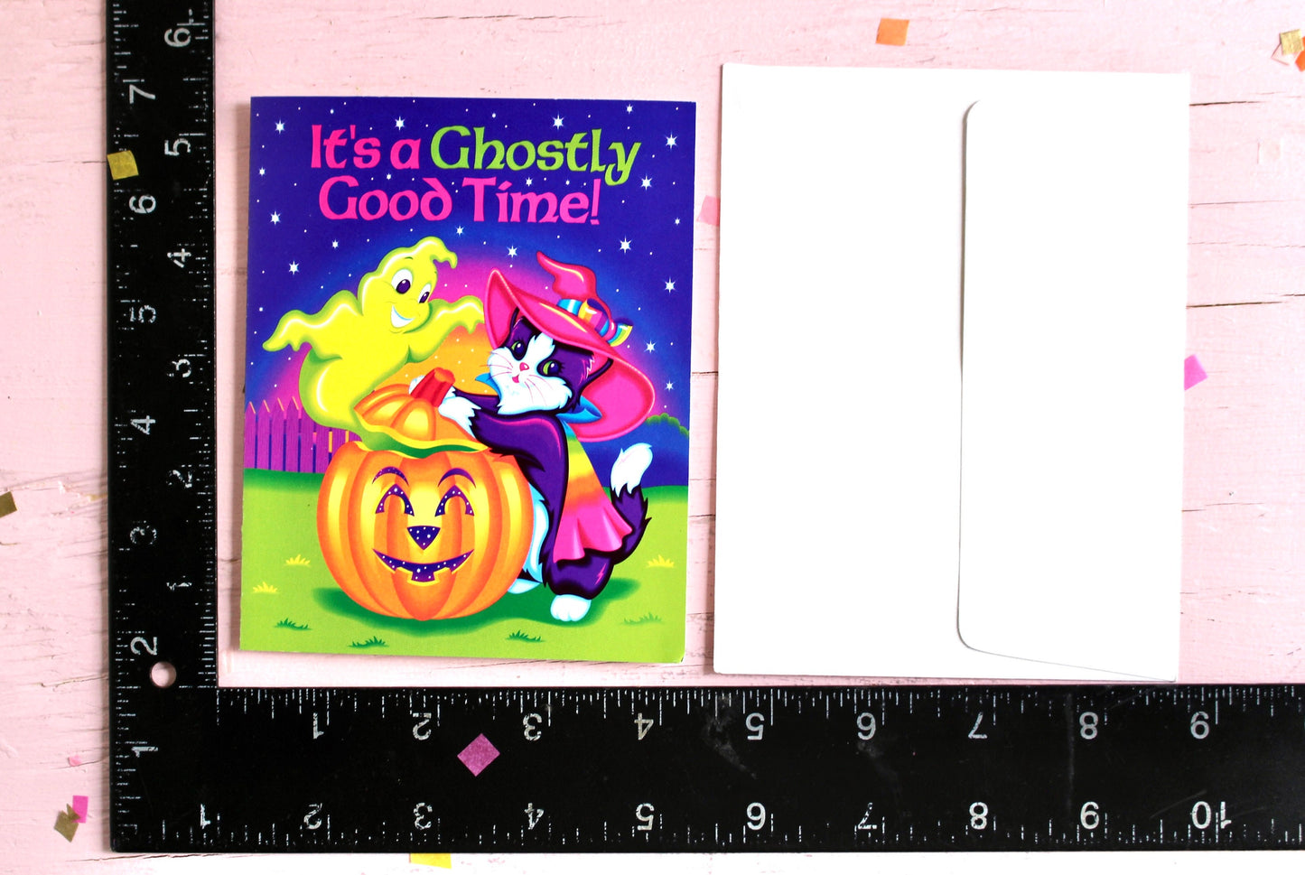 Vintage Lisa Frank Halloween Invite Card, 1990s Dead Stock Lisa Frank, Witchy Cat Ghost Jack O Lantern Invitations, Halloween Greeting Card