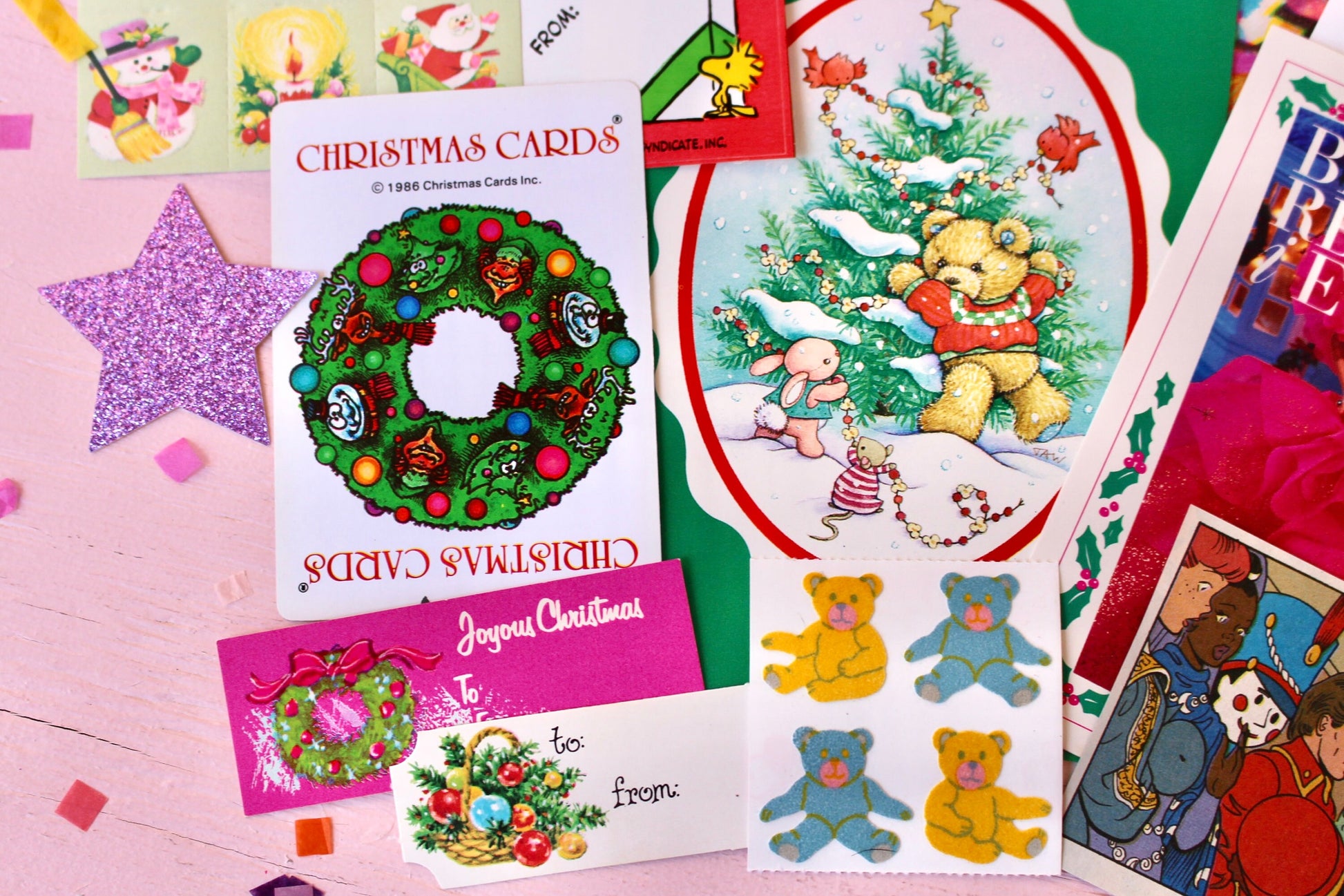 Vintage Christmas Ephemera Pack, Vintage 80s Kids Paper Stickers, Barbie, Care Bears, Hugglesbie, Retro Holiday Cards Gift Tags Seals