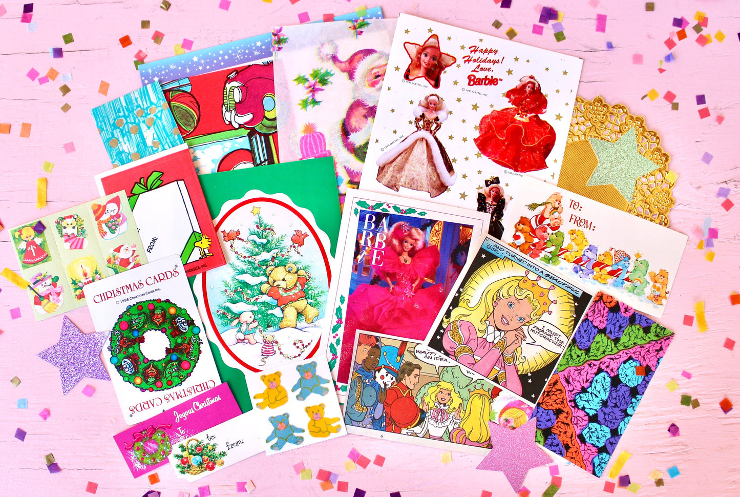 Vintage Christmas Ephemera Pack, Vintage 80s Kids Paper Stickers, Barbie, Care Bears, Hugglesbie, Retro Holiday Cards Gift Tags Seals