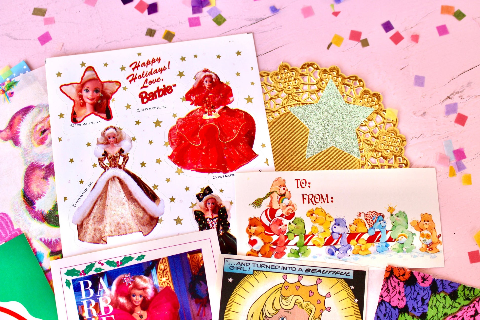 Vintage Christmas Ephemera Pack, Vintage 80s Kids Paper Stickers, Barbie, Care Bears, Hugglesbie, Retro Holiday Cards Gift Tags Seals