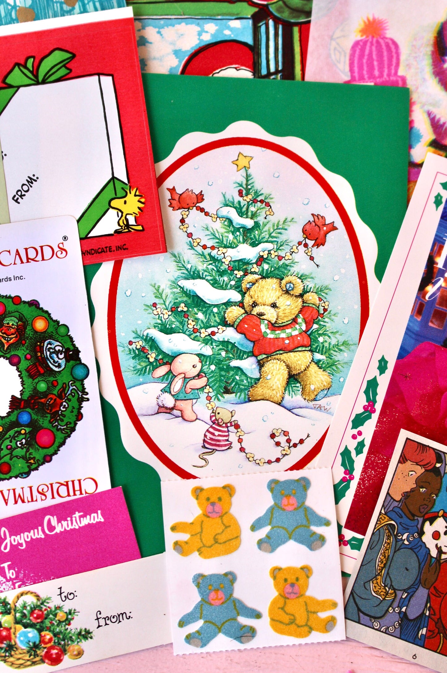 Vintage Christmas Ephemera Pack, Vintage 80s Kids Paper Stickers, Barbie, Care Bears, Hugglesbie, Retro Holiday Cards Gift Tags Seals