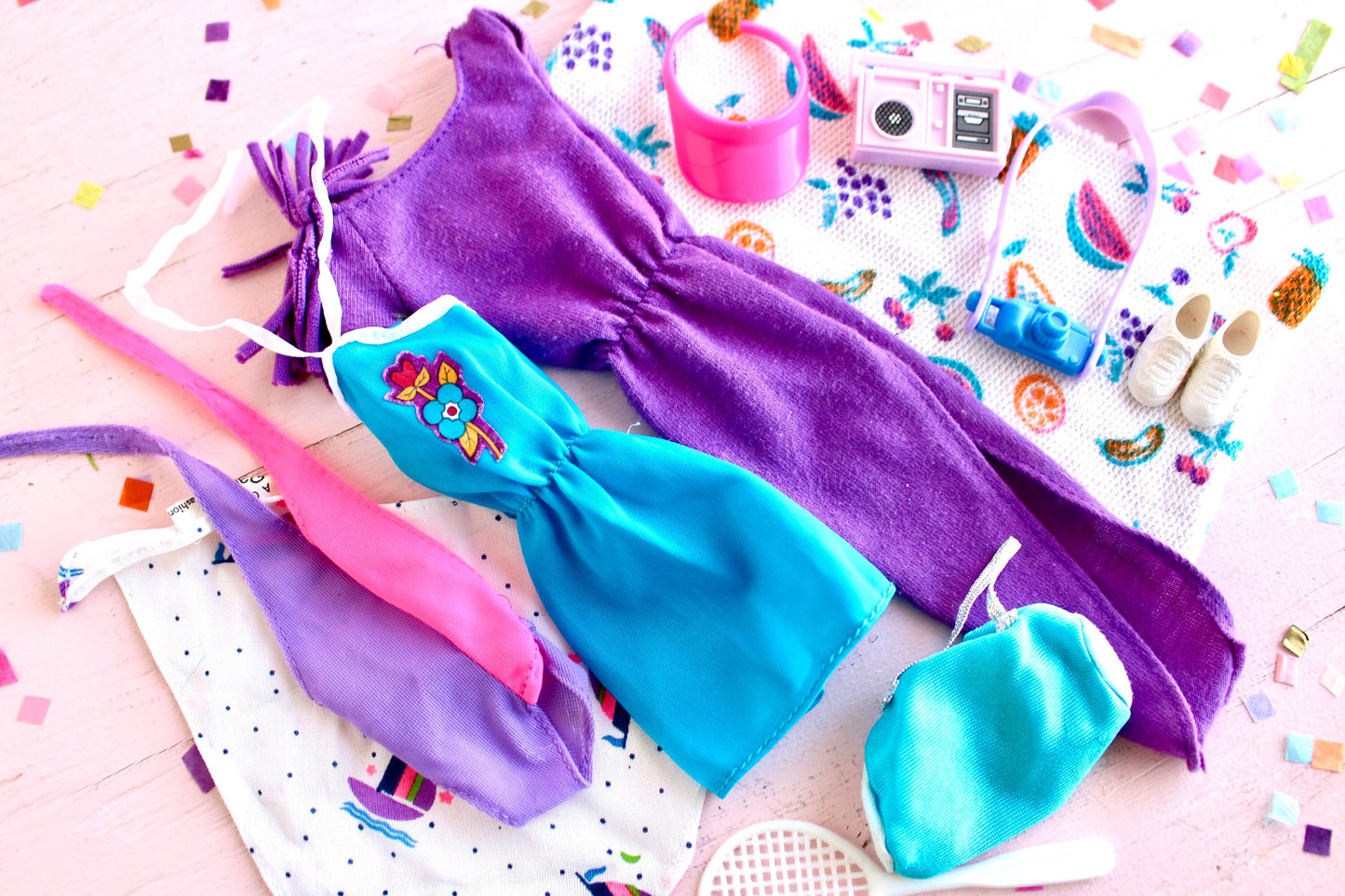 80s Barbie Doll Beach Fashion and Accessories Set, Purple Pink Barbie Fashions 7917 3637, Vintage Beachy Barbie Outfit for Doll Photography