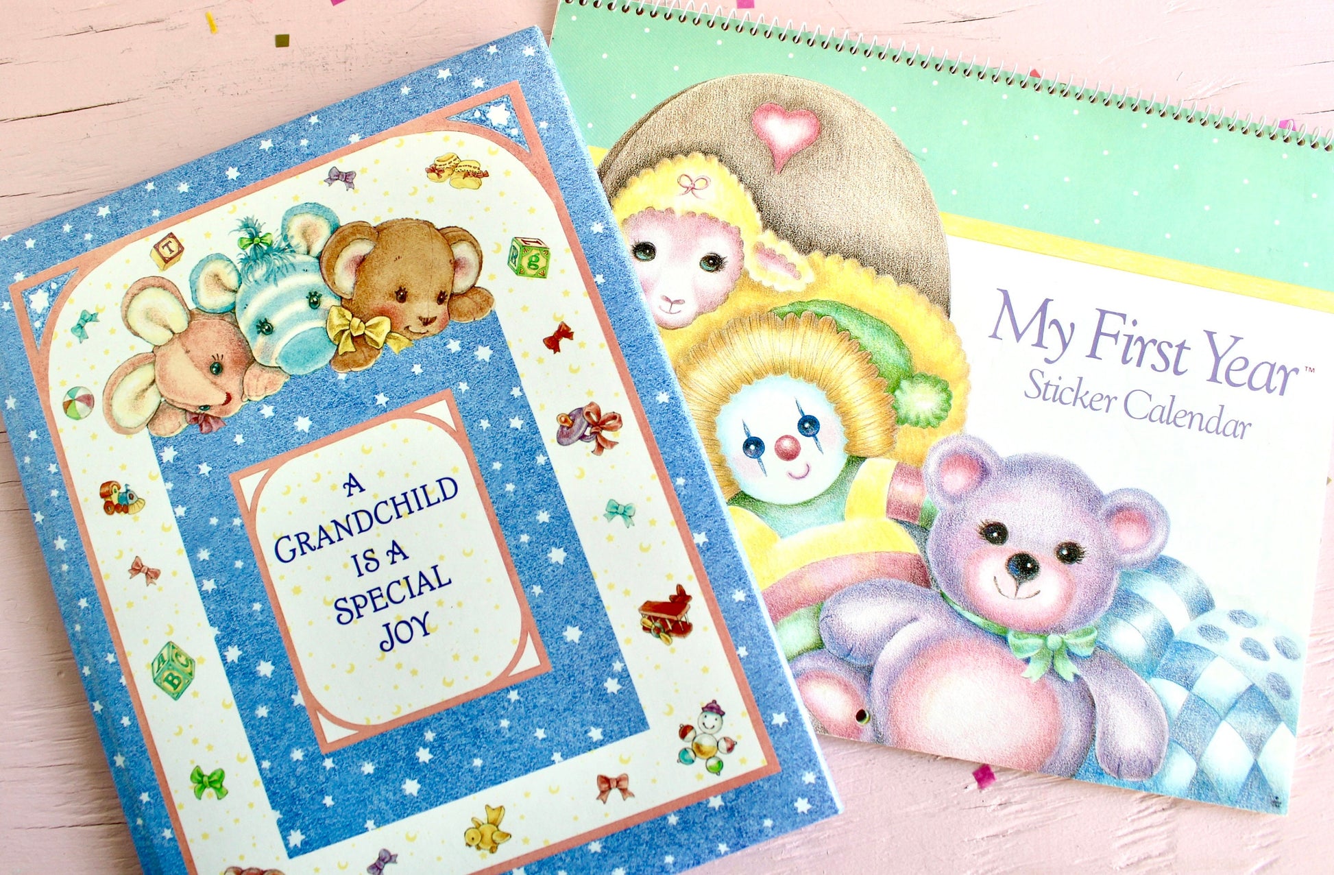 Grandchild Baby Scrapbook Diary and First Year Calendar Set, Baby Shower Grandmother Gift, Retro Baby Memory Book, Pastel Mothers Day Gift