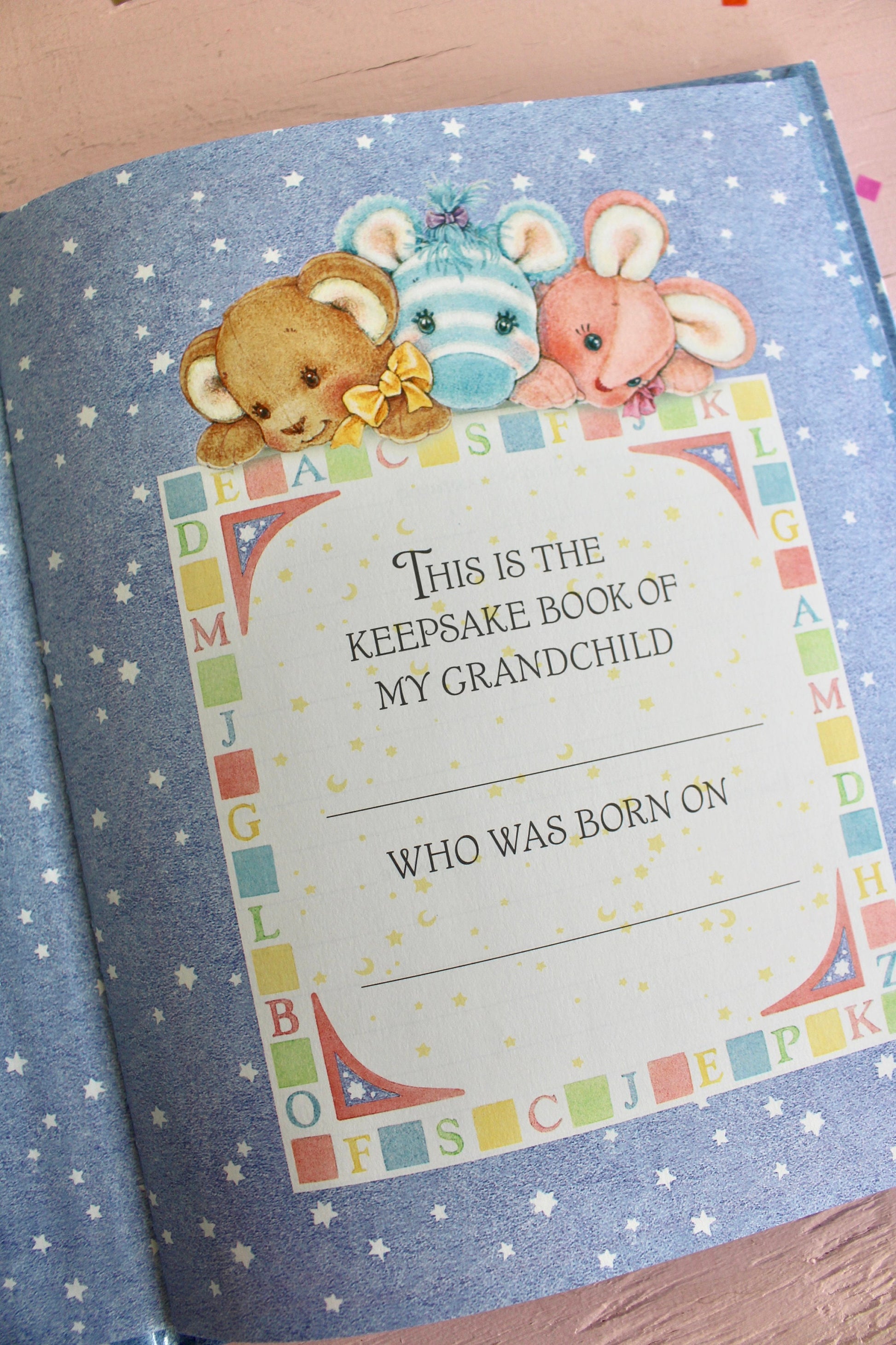 Grandchild Baby Scrapbook Diary and First Year Calendar Set, Baby Shower Grandmother Gift, Retro Baby Memory Book, Pastel Mothers Day Gift