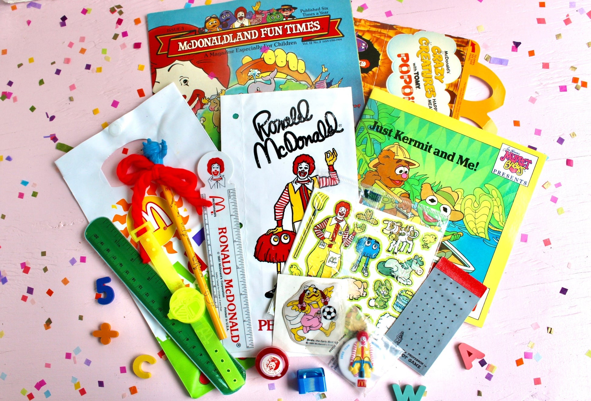 McDonalds Back to School Fun Pack, Vintage 80s Nostalgia Crayola Happy Meal Toy and Box Set, Lunchbox Pencil Eraser Ruler Magazine Books