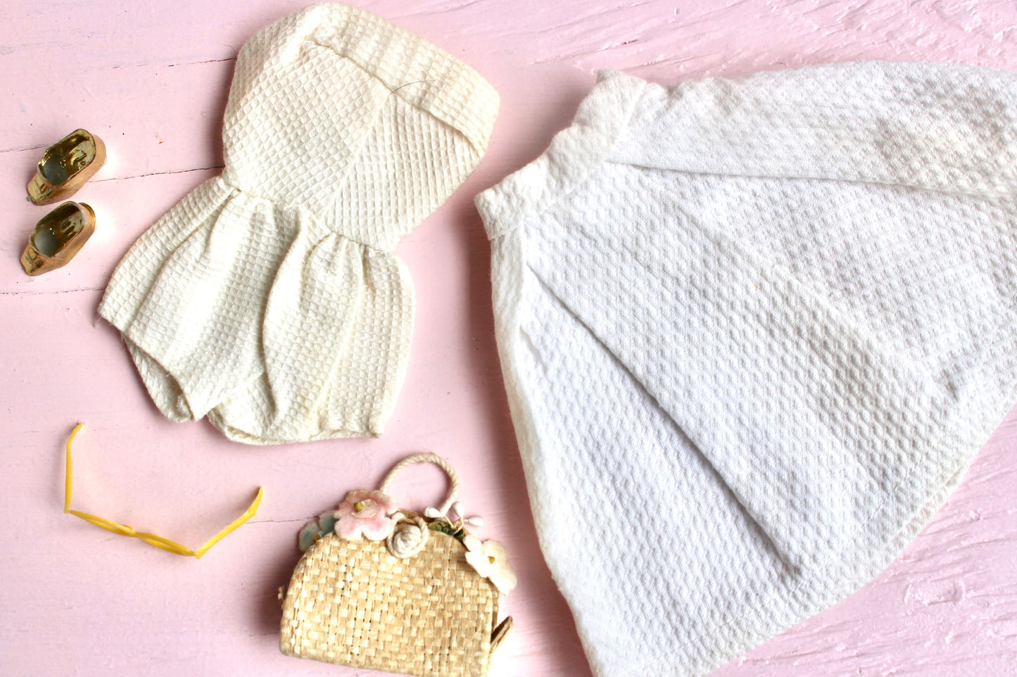 Ivory Clone Barbie Fashion Set, White Barbie Skirt Bodice Flower Purse Sunglasses Pilgrim Shoes, Vintage 50s 60s Era Barbie Fashion Outfit