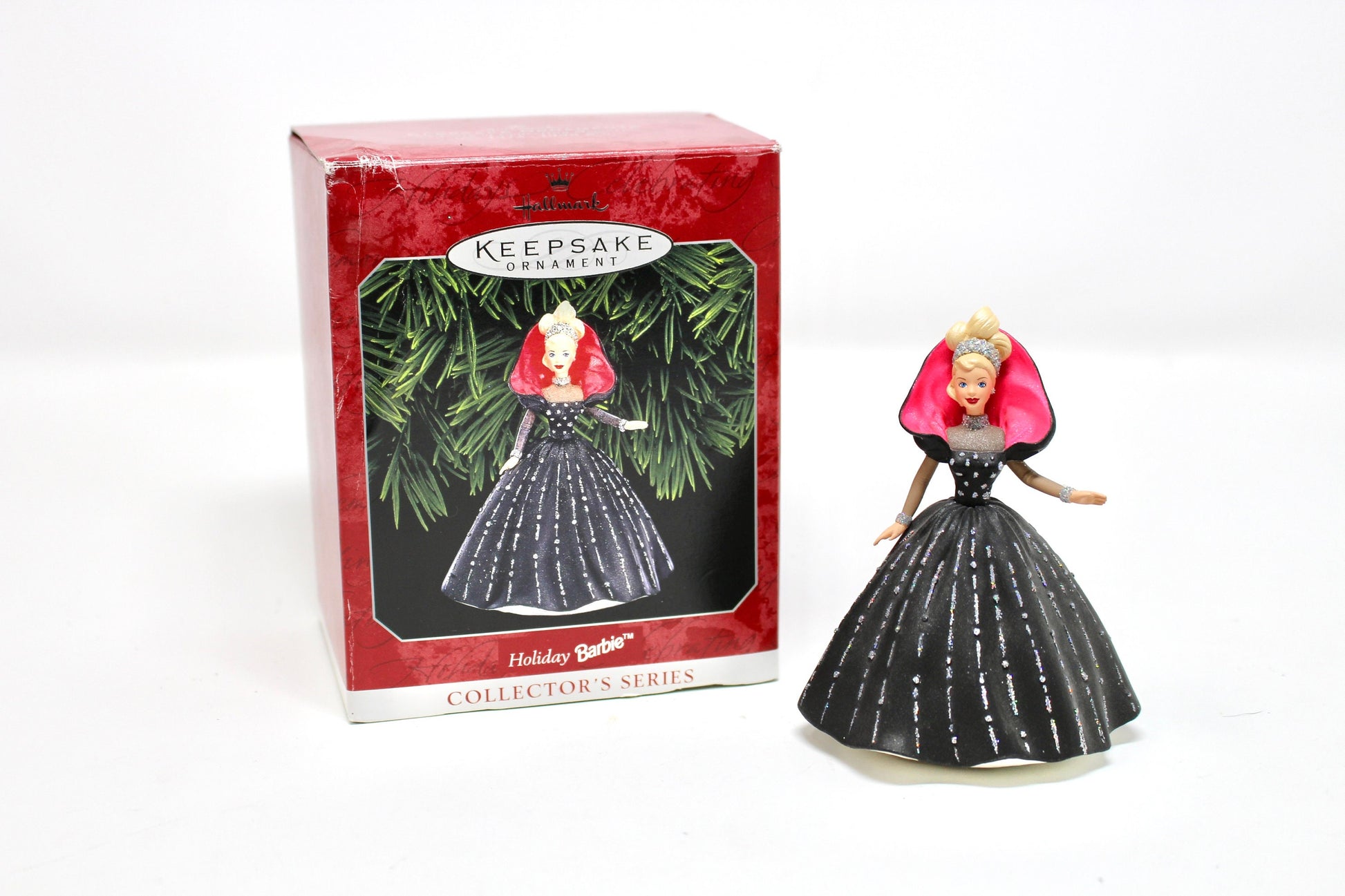 1998 Holiday Barbie Hallmark Keepsake Ornament, Vintage Black Pink Silver Dress Barbie Doll Fashion Ornament, Retro Christmas Barbie Gift