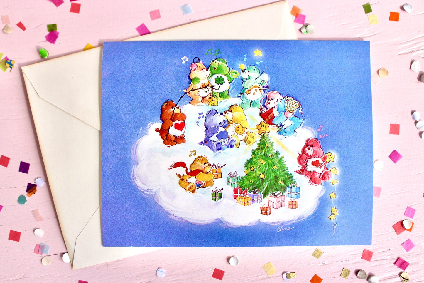 Vintage Care Bears Christmas Card with Envelope, Blue Rainbow Embossed Care Bear Holiday Greeting Card, Collectible Care Bear Paper Ephemera