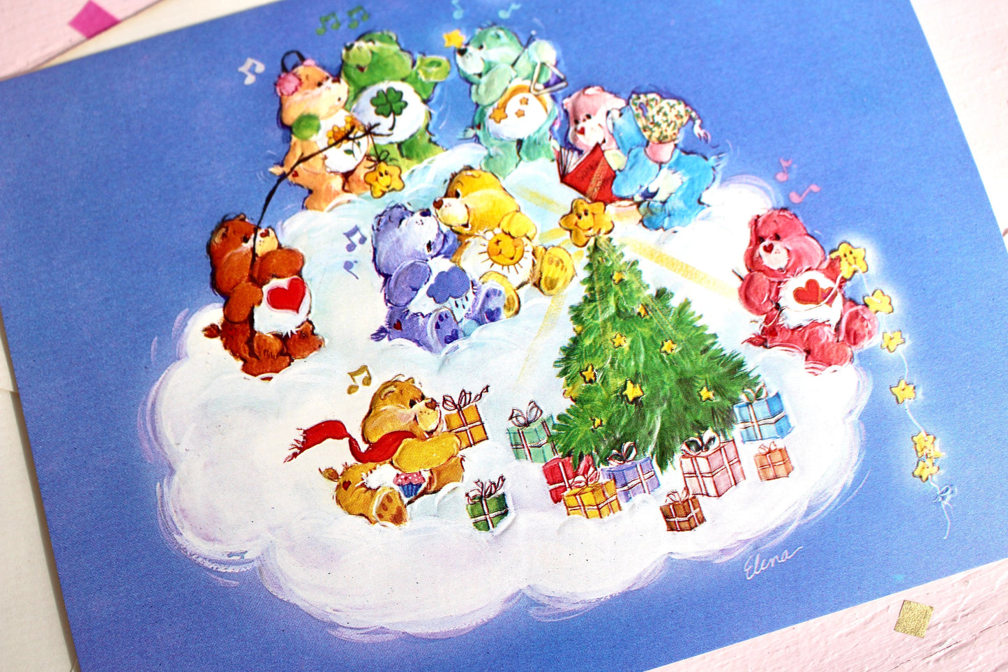 Vintage Care Bears Christmas Card with Envelope, Blue Rainbow Embossed Care Bear Holiday Greeting Card, Collectible Care Bear Paper Ephemera