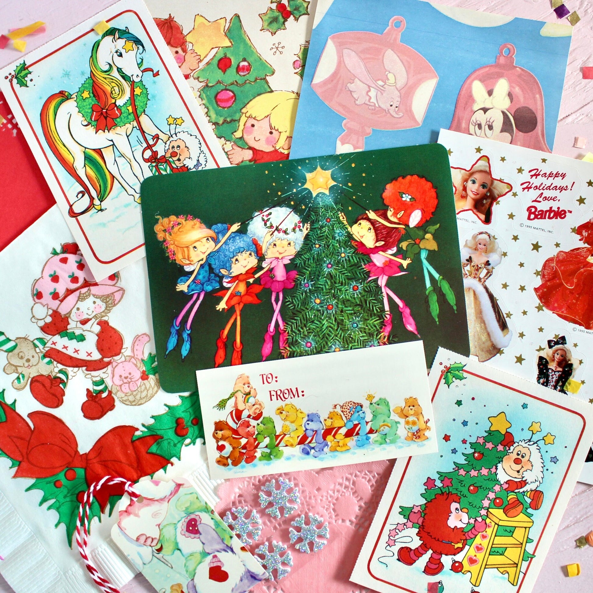 Vintage Christmas Ephemera Pack, 80s Kids Paper Stickers, Barbie, Care Bears, Rainbow Brite, SSC, Retro Holiday Cards Gift Tags Seals