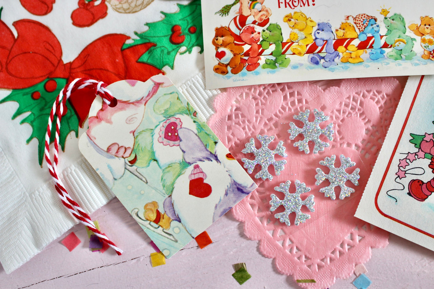 Vintage Christmas Ephemera Pack, 80s Kids Paper Stickers, Barbie, Care Bears, Rainbow Brite, SSC, Retro Holiday Cards Gift Tags Seals