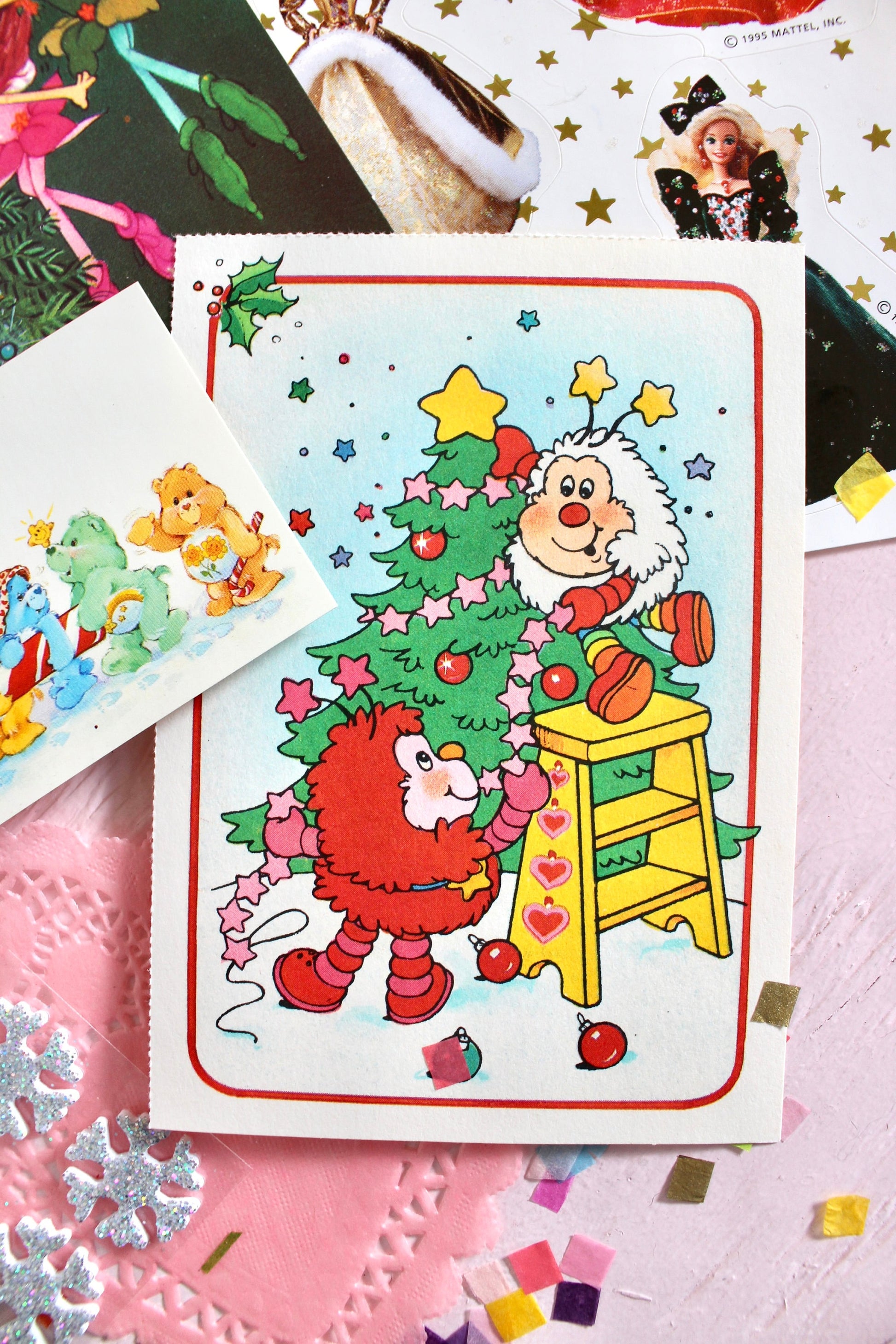 Vintage Christmas Ephemera Pack, 80s Kids Paper Stickers, Barbie, Care Bears, Rainbow Brite, SSC, Retro Holiday Cards Gift Tags Seals