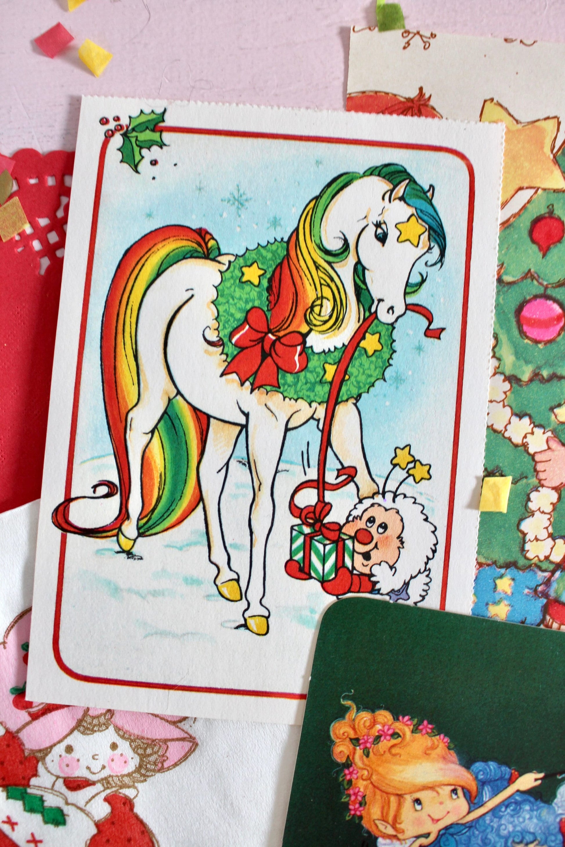 Vintage Christmas Ephemera Pack, 80s Kids Paper Stickers, Barbie, Care Bears, Rainbow Brite, SSC, Retro Holiday Cards Gift Tags Seals