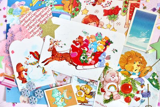 Vintage Christmas Ephemera Pack, 80s Care Bear Postcard Stickers Gift Tags, Retro 80s Kid Cartoon Collectible Paper Bundle, Christmas Crafts