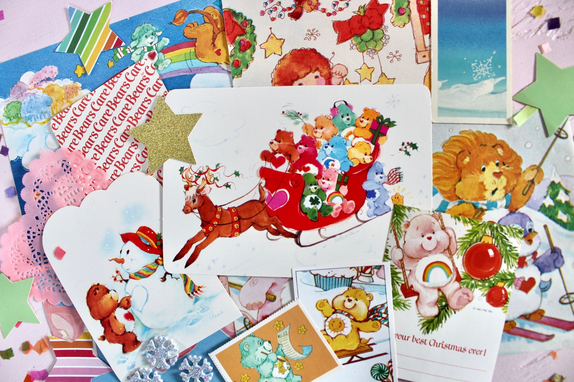 Vintage Christmas Ephemera Pack, 80s Care Bear Postcard Stickers Gift Tags, Retro 80s Kid Cartoon Collectible Paper Bundle, Christmas Crafts