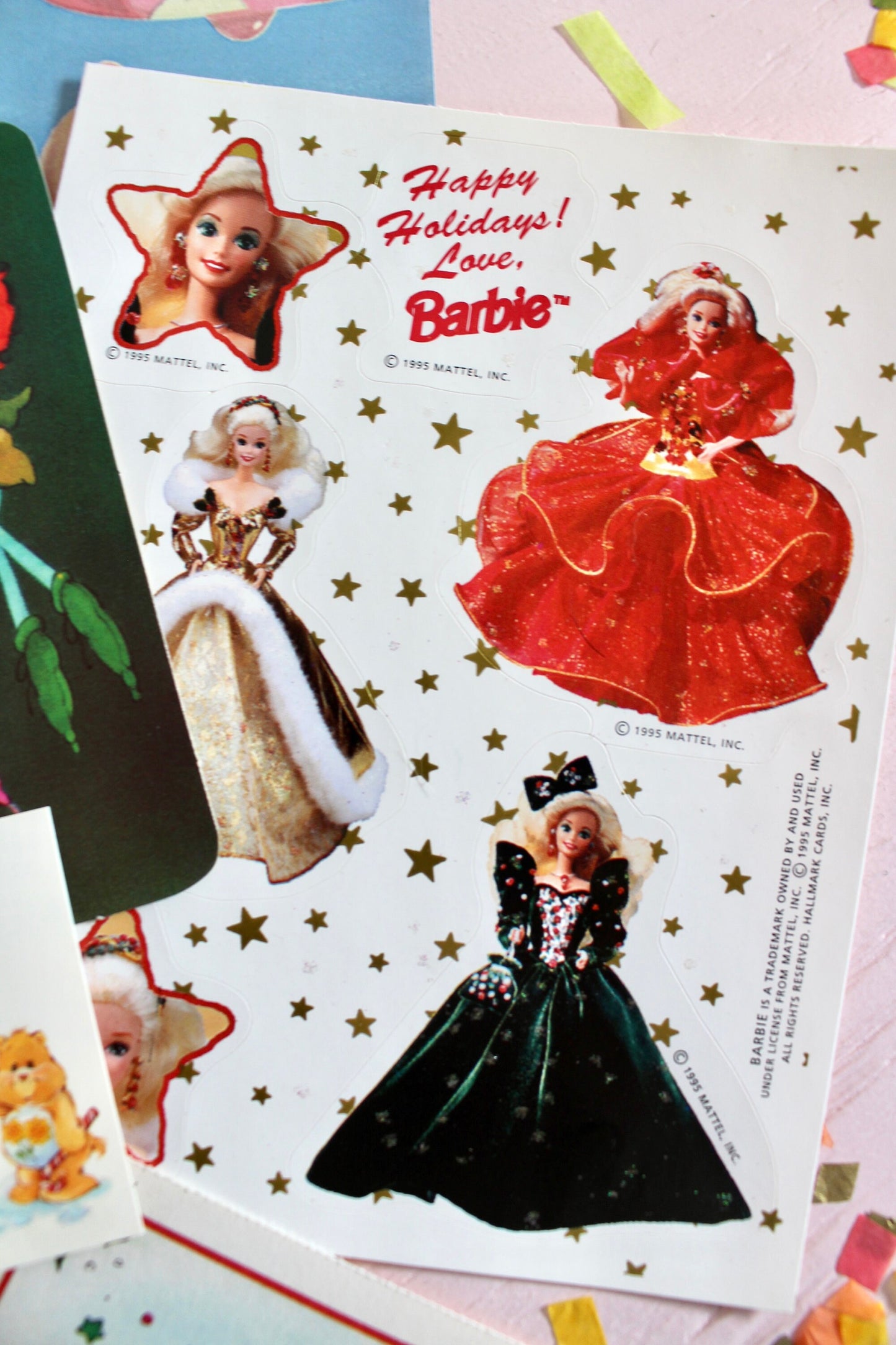 Vintage Christmas Ephemera Pack, 80s Kids Paper Stickers, Barbie, Care Bears, Rainbow Brite, SSC, Retro Holiday Cards Gift Tags Seals