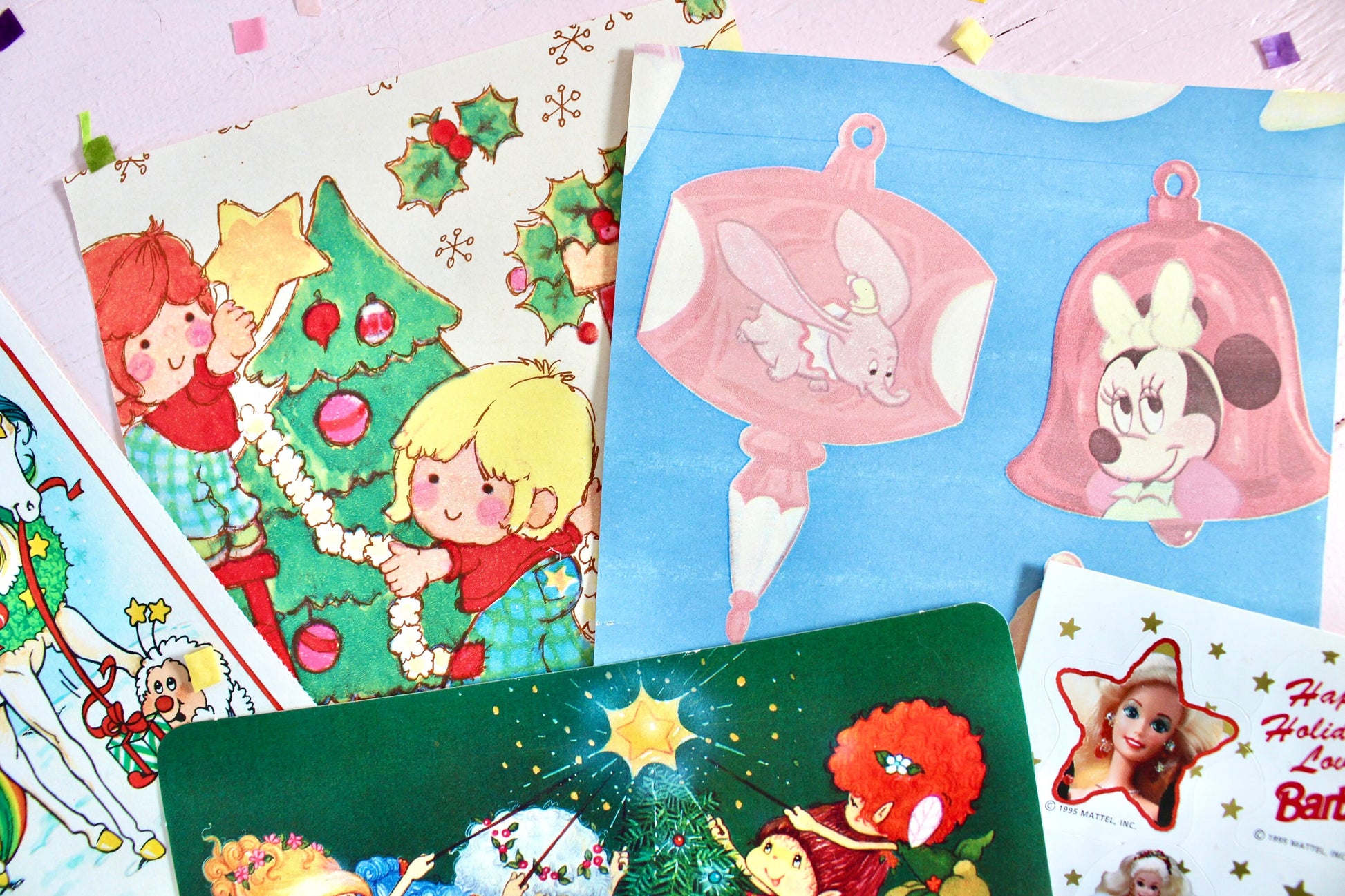 Vintage Christmas Ephemera Pack, 80s Kids Paper Stickers, Barbie, Care Bears, Rainbow Brite, SSC, Retro Holiday Cards Gift Tags Seals